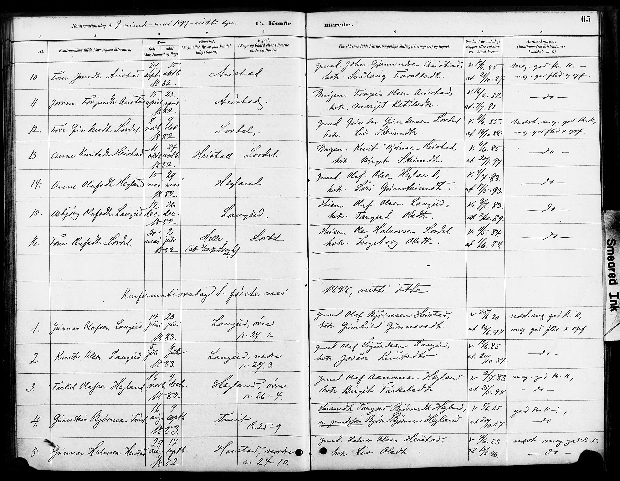 Bygland sokneprestkontor, SAK/1111-0006/F/Fa/Faa/L0001: Parish register (official) no. A 1, 1885-1908, p. 65