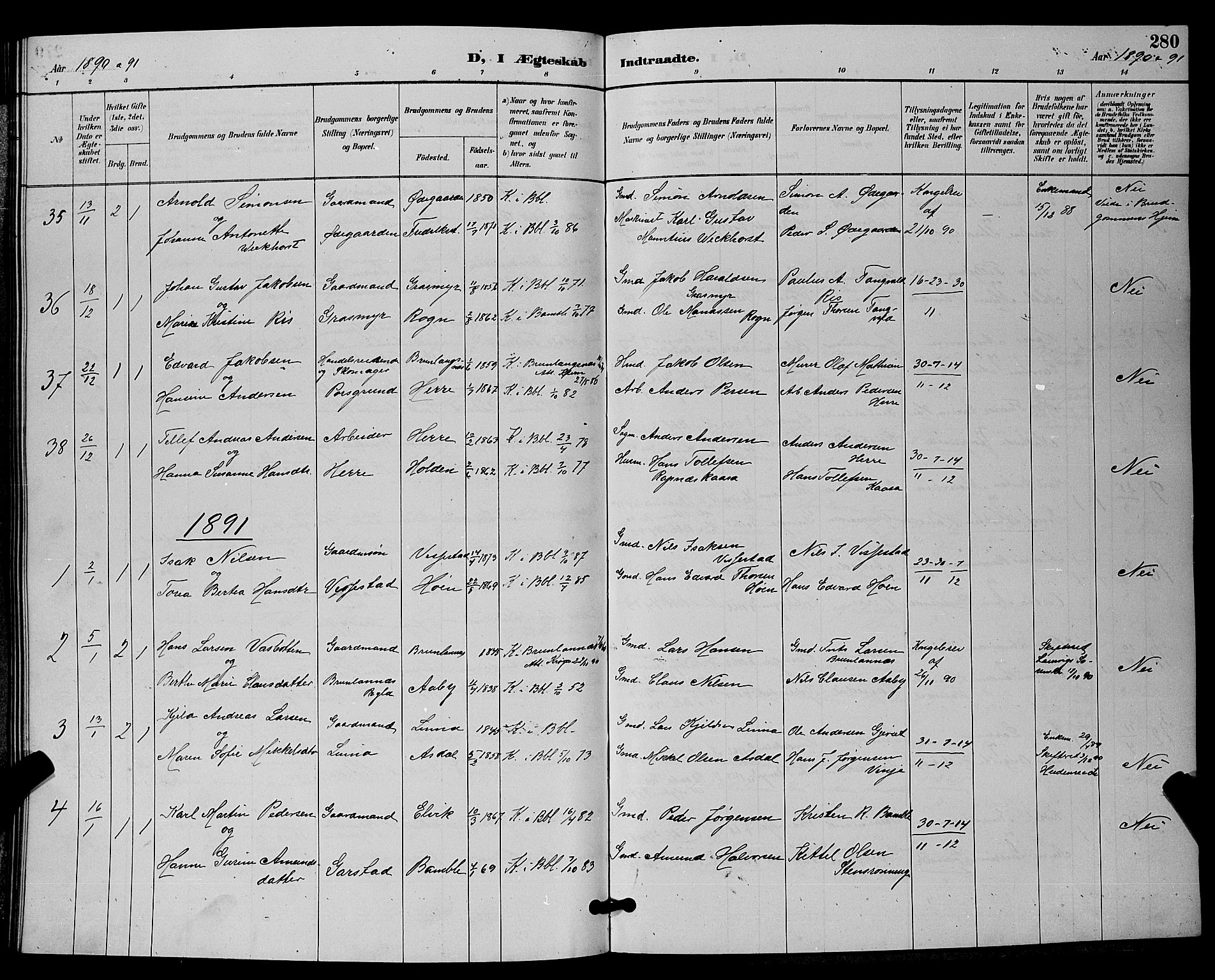 Bamble kirkebøker, SAKO/A-253/G/Ga/L0009: Parish register (copy) no. I 9, 1888-1900, p. 280