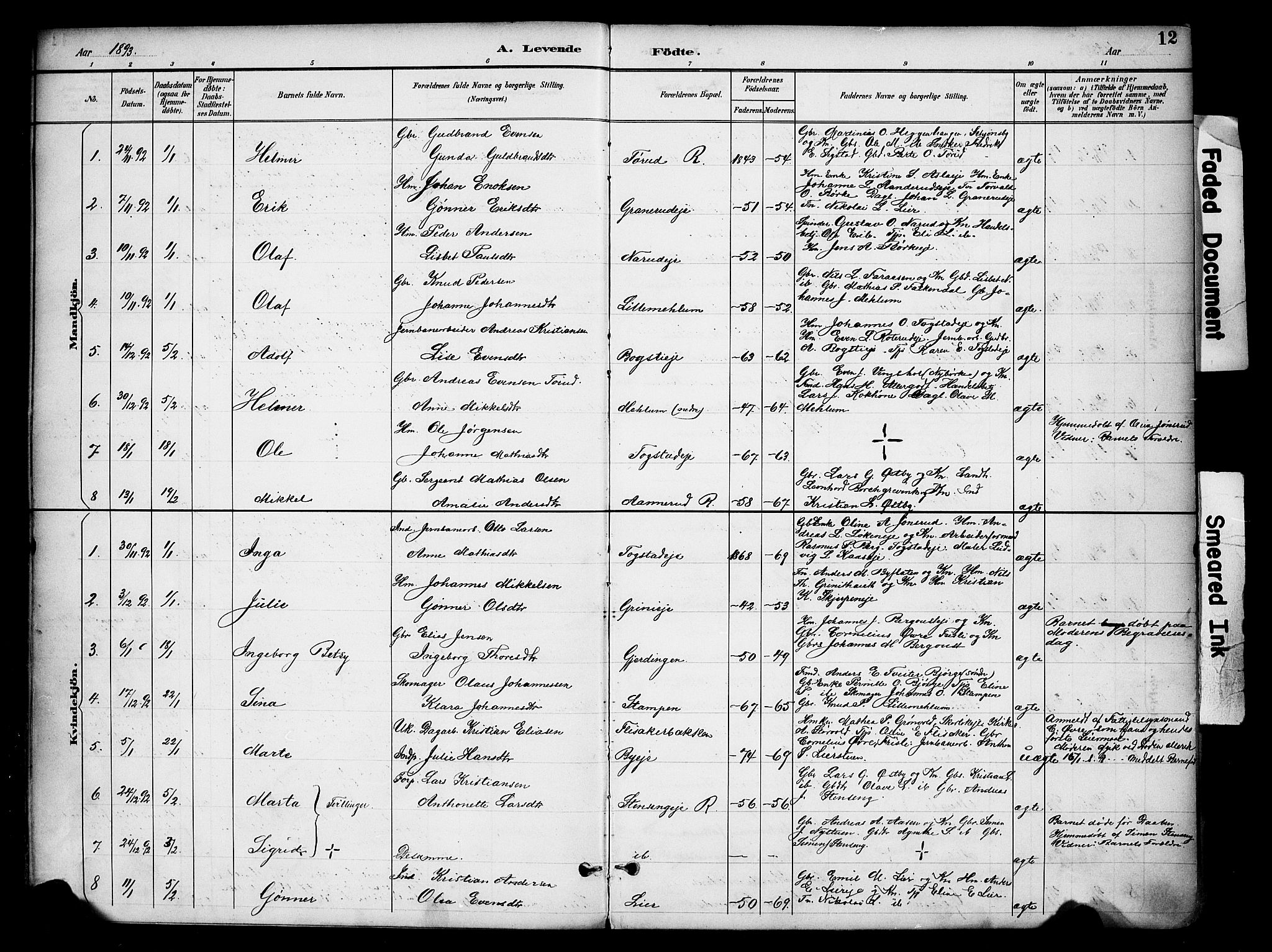 Ringsaker prestekontor, SAH/PREST-014/K/Ka/L0016: Parish register (official) no. 16, 1891-1904, p. 12