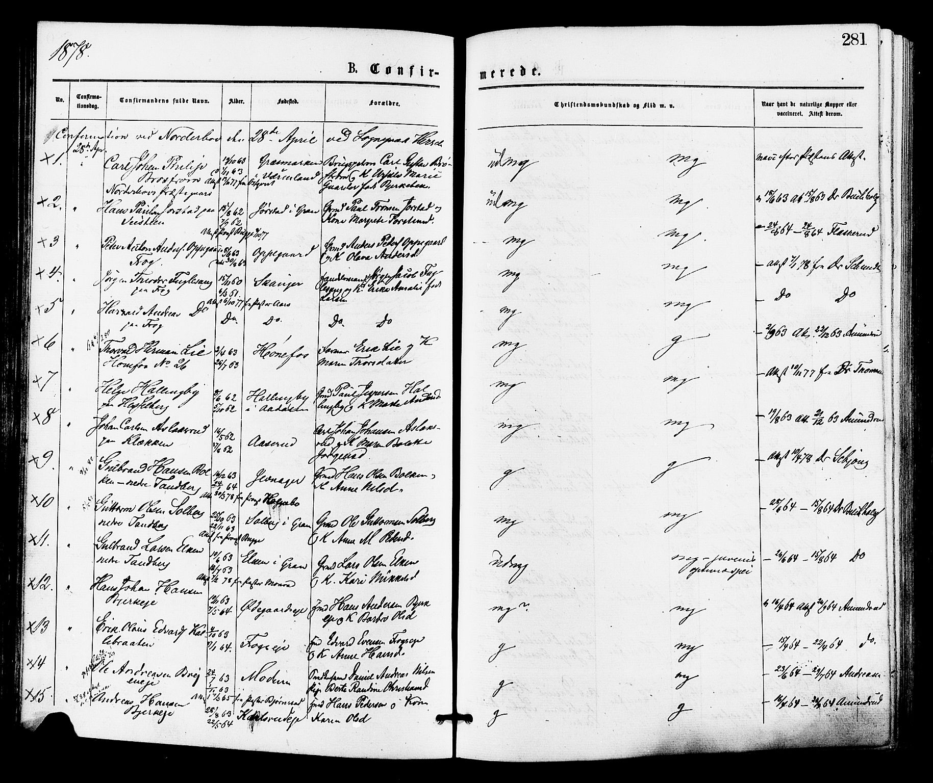 Norderhov kirkebøker, AV/SAKO-A-237/F/Fa/L0015: Parish register (official) no. 15, 1875-1884, p. 281