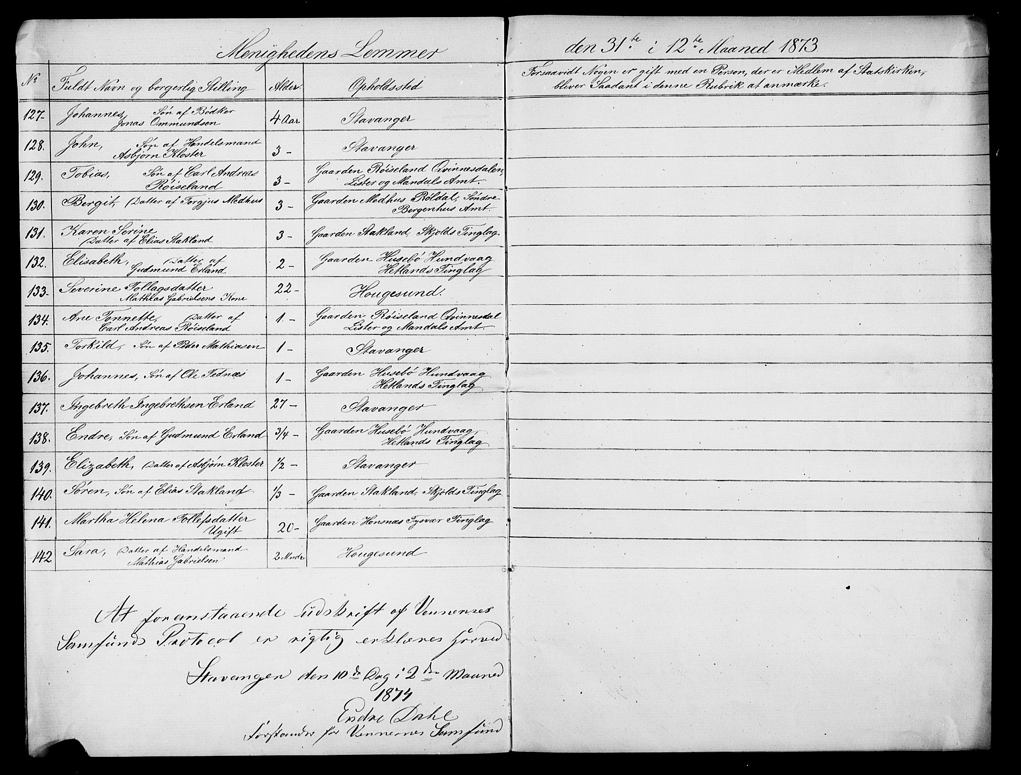 Pa 0160 - Vennenes Samfunn, Stavanger, AV/SAST-A-100269/F: Dissenter register no. -, 1870-1898