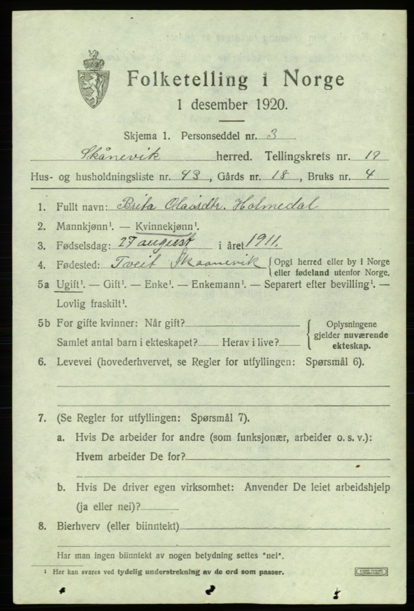 SAB, 1920 census for Skånevik, 1920, p. 7423