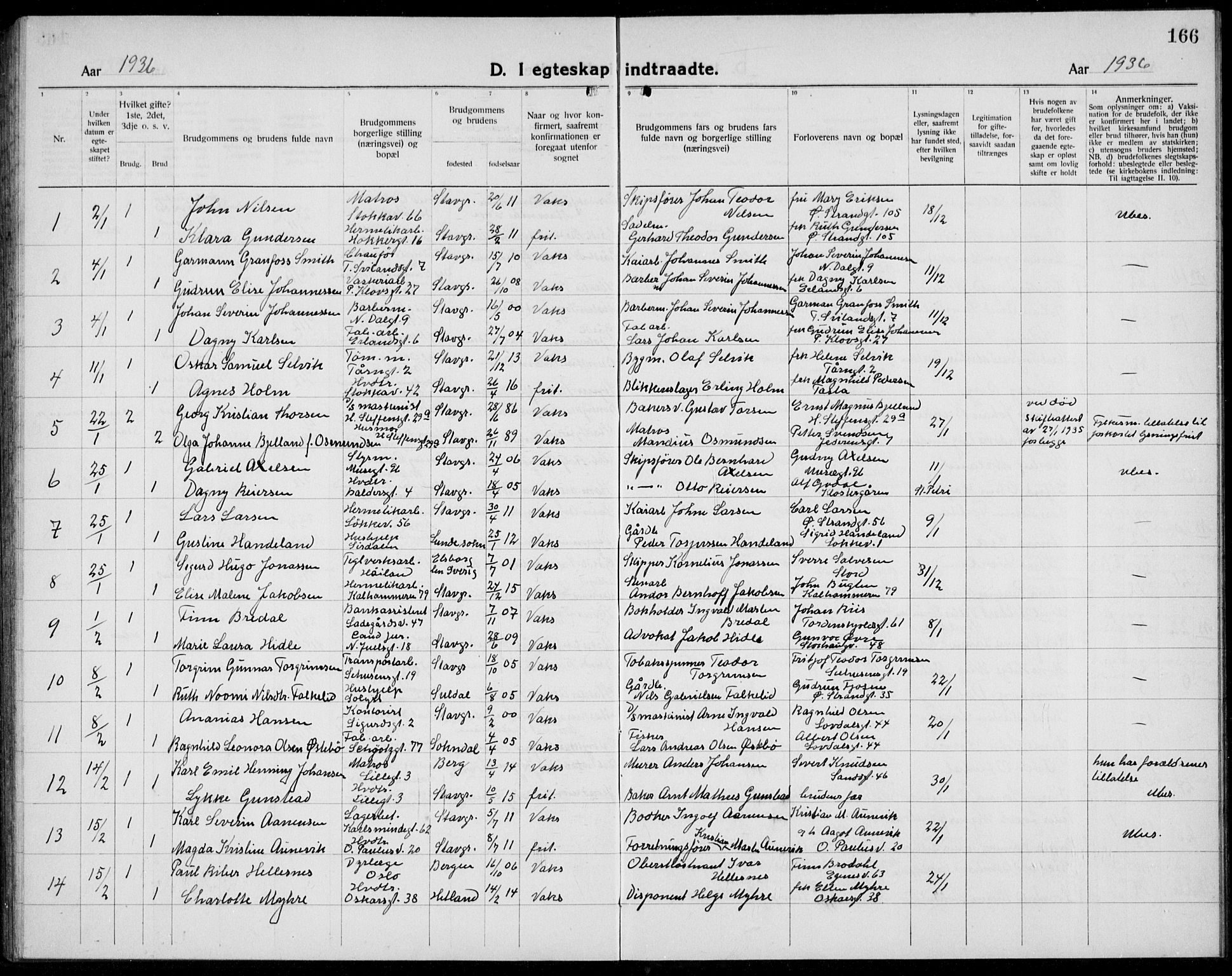 Domkirken sokneprestkontor, AV/SAST-A-101812/001/30/30BB/L0020: Parish register (copy) no. B 20, 1921-1937, p. 166