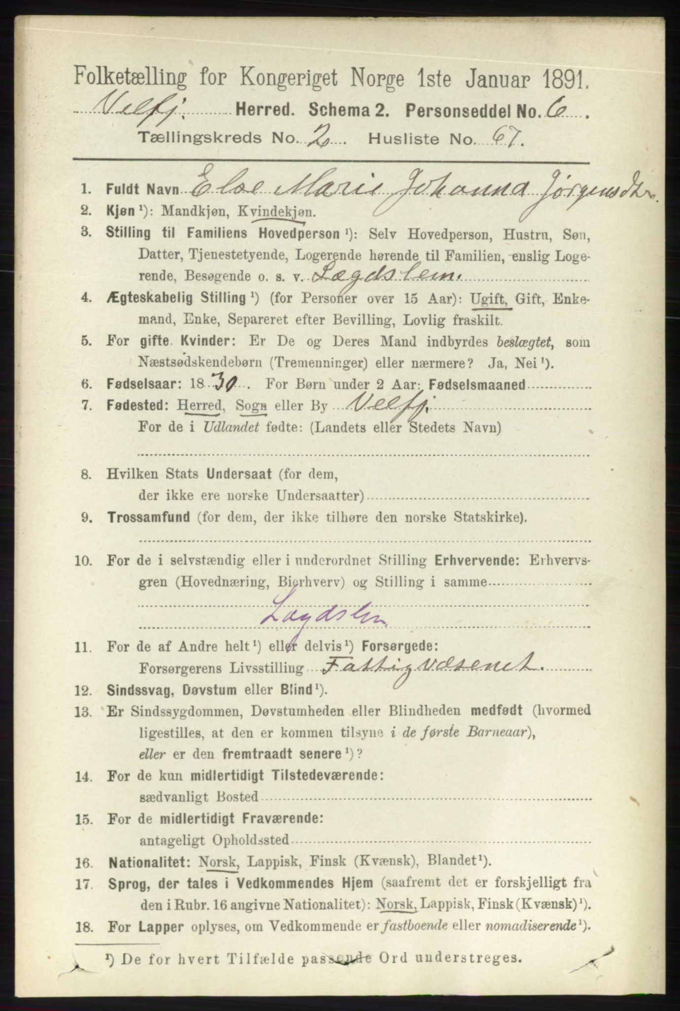 RA, 1891 census for 1813 Velfjord, 1891, p. 933