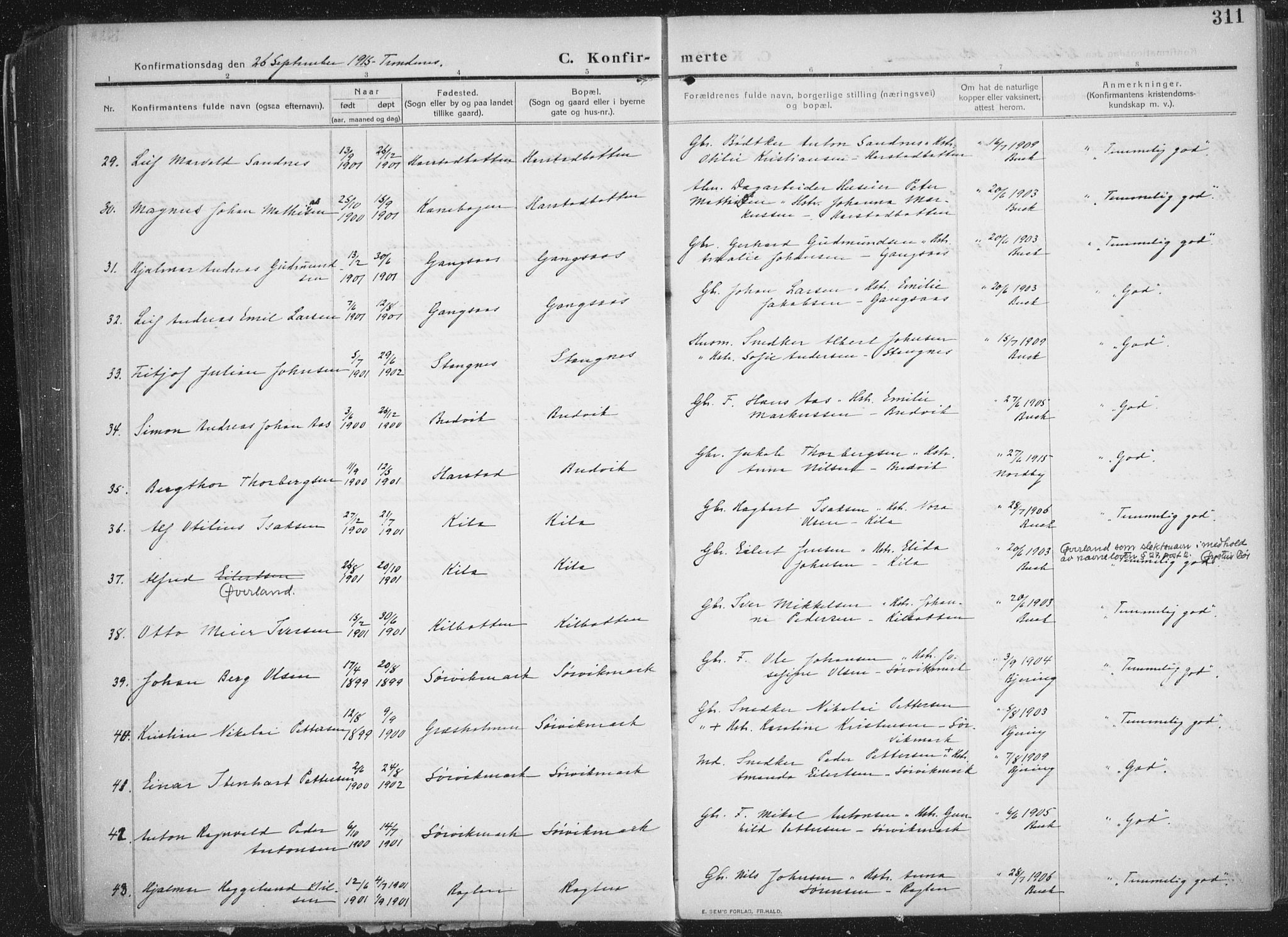 Trondenes sokneprestkontor, AV/SATØ-S-1319/H/Ha/L0018kirke: Parish register (official) no. 18, 1909-1918, p. 311