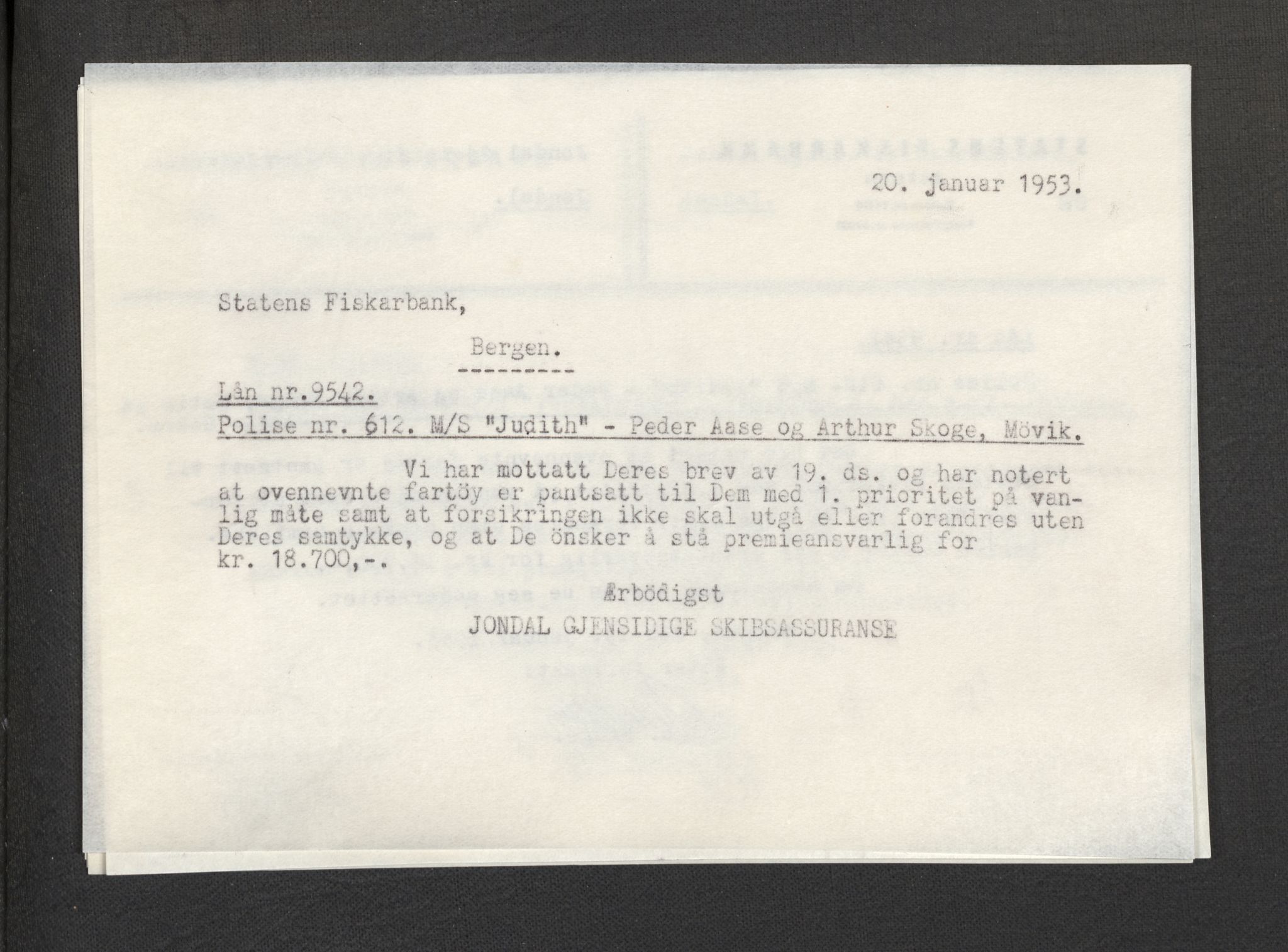 Jondal Skipsassuranseforening, AV/SAB-SAB/PA-0276/E/L0119: Korrespondanse , 1952