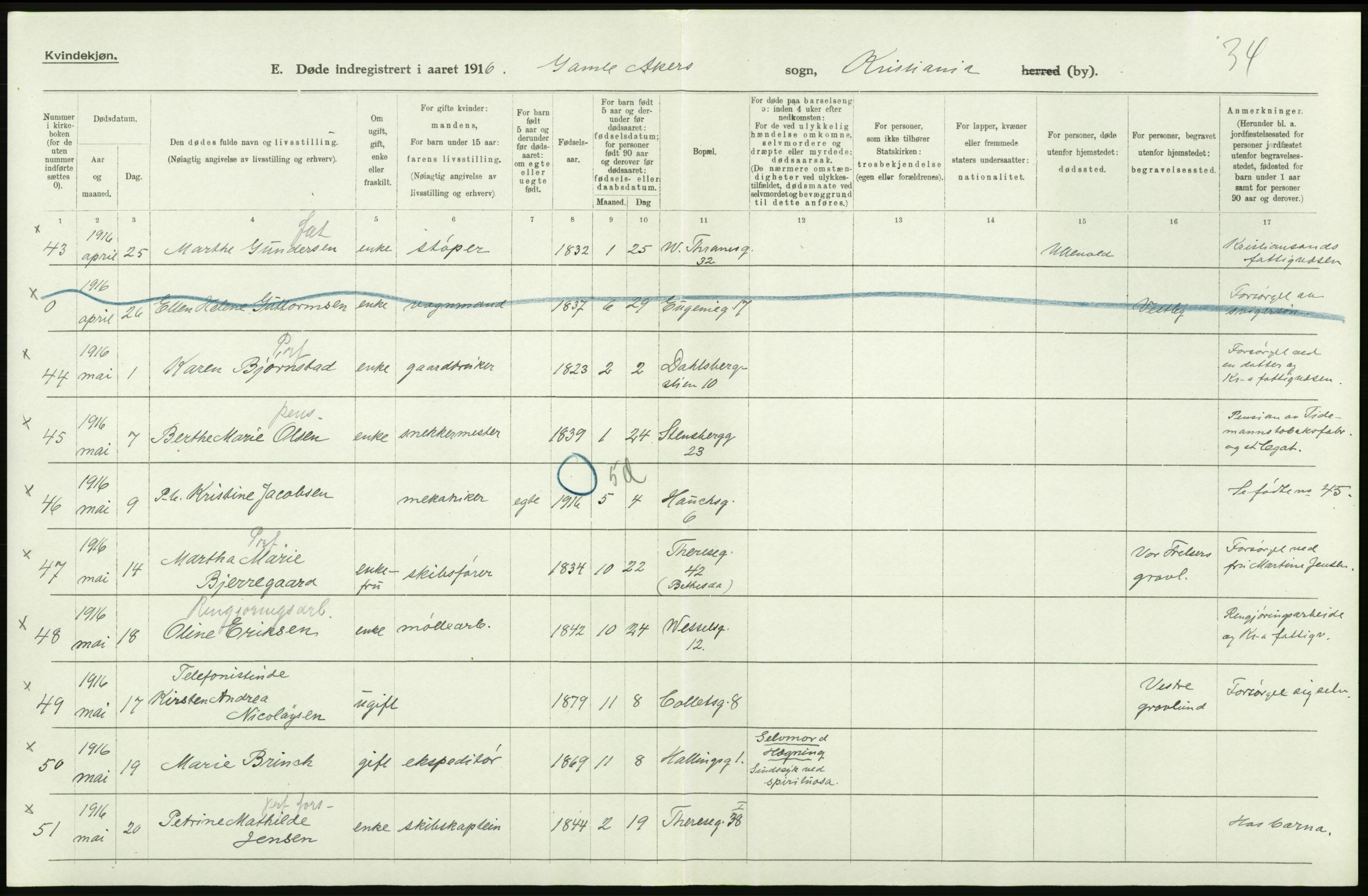 Statistisk sentralbyrå, Sosiodemografiske emner, Befolkning, RA/S-2228/D/Df/Dfb/Dfbf/L0010: Kristiania: Døde, dødfødte., 1916, p. 342