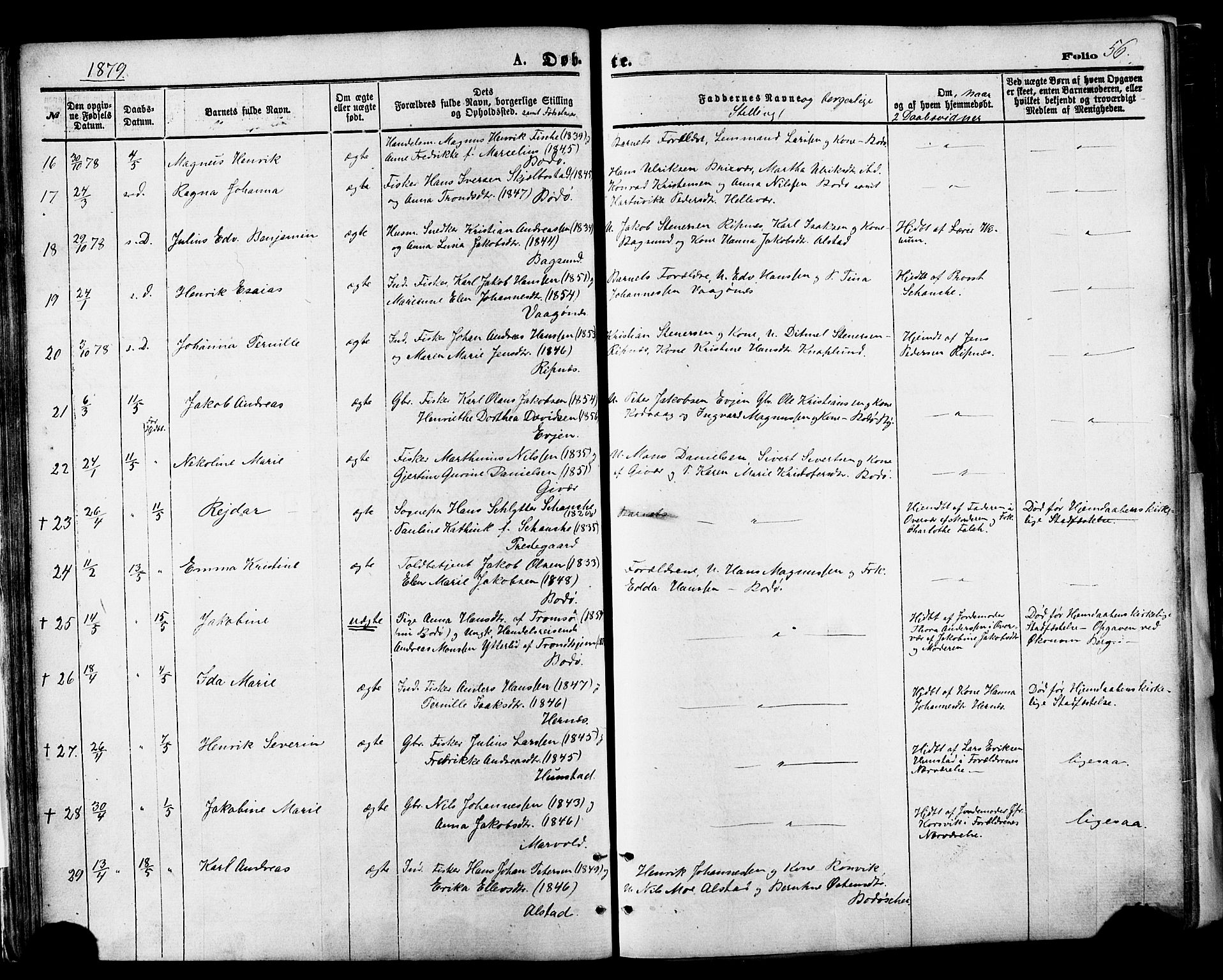 Ministerialprotokoller, klokkerbøker og fødselsregistre - Nordland, AV/SAT-A-1459/801/L0009: Parish register (official) no. 801A09, 1876-1883, p. 56