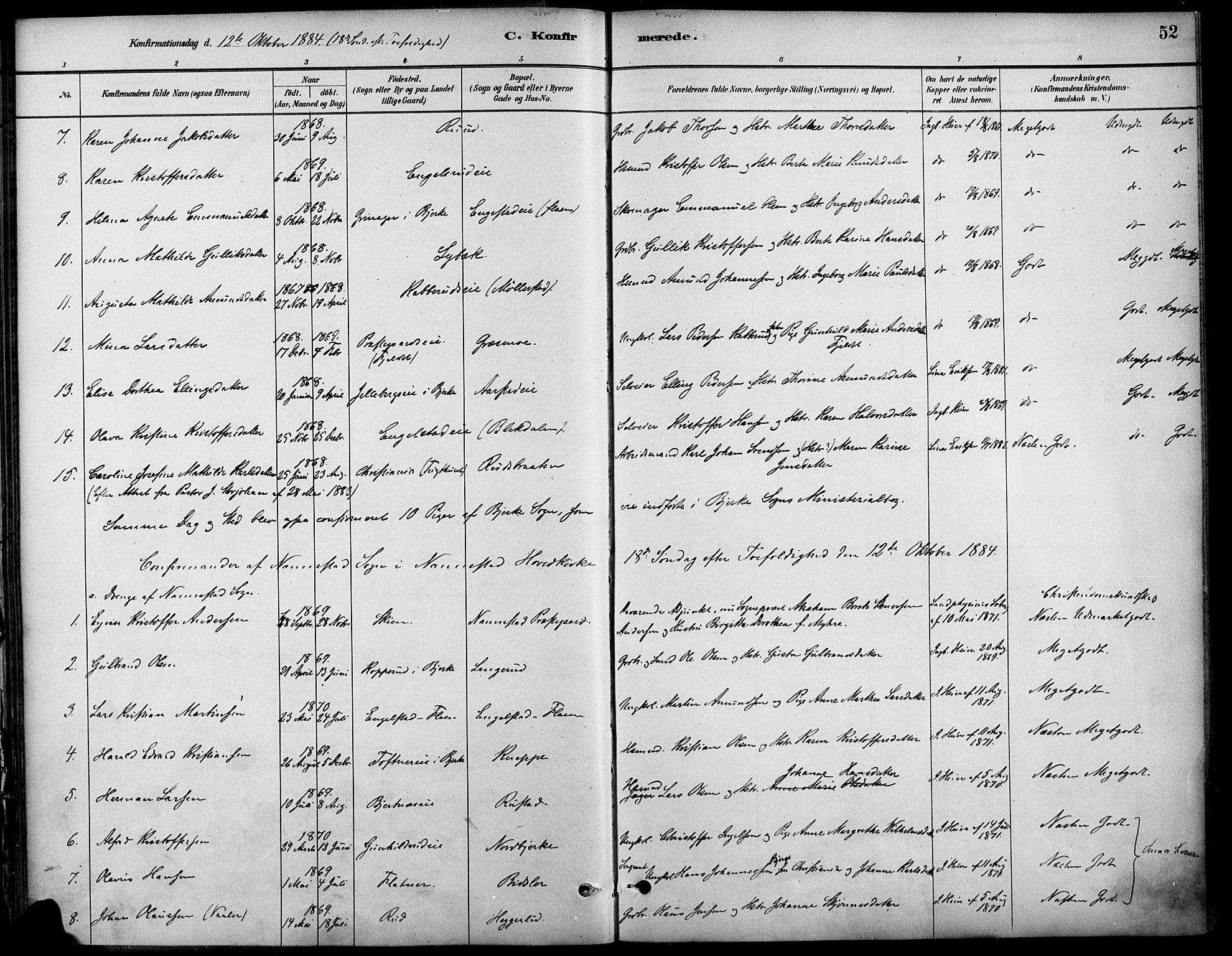 Nannestad prestekontor Kirkebøker, SAO/A-10414a/F/Fa/L0014: Parish register (official) no. I 14, 1881-1890, p. 52