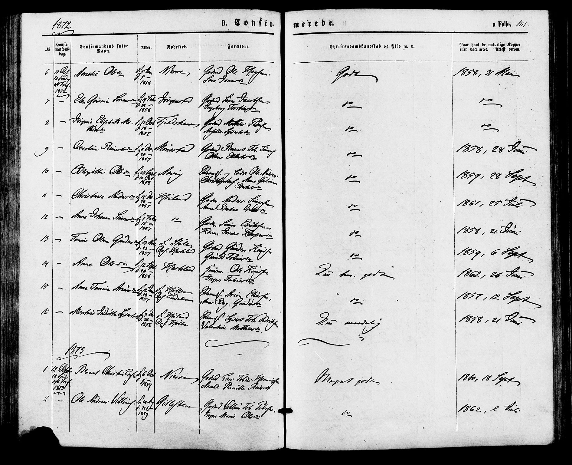 Sør-Audnedal sokneprestkontor, SAK/1111-0039/F/Fa/Faa/L0003: Parish register (official) no. A 3, 1868-1883, p. 101