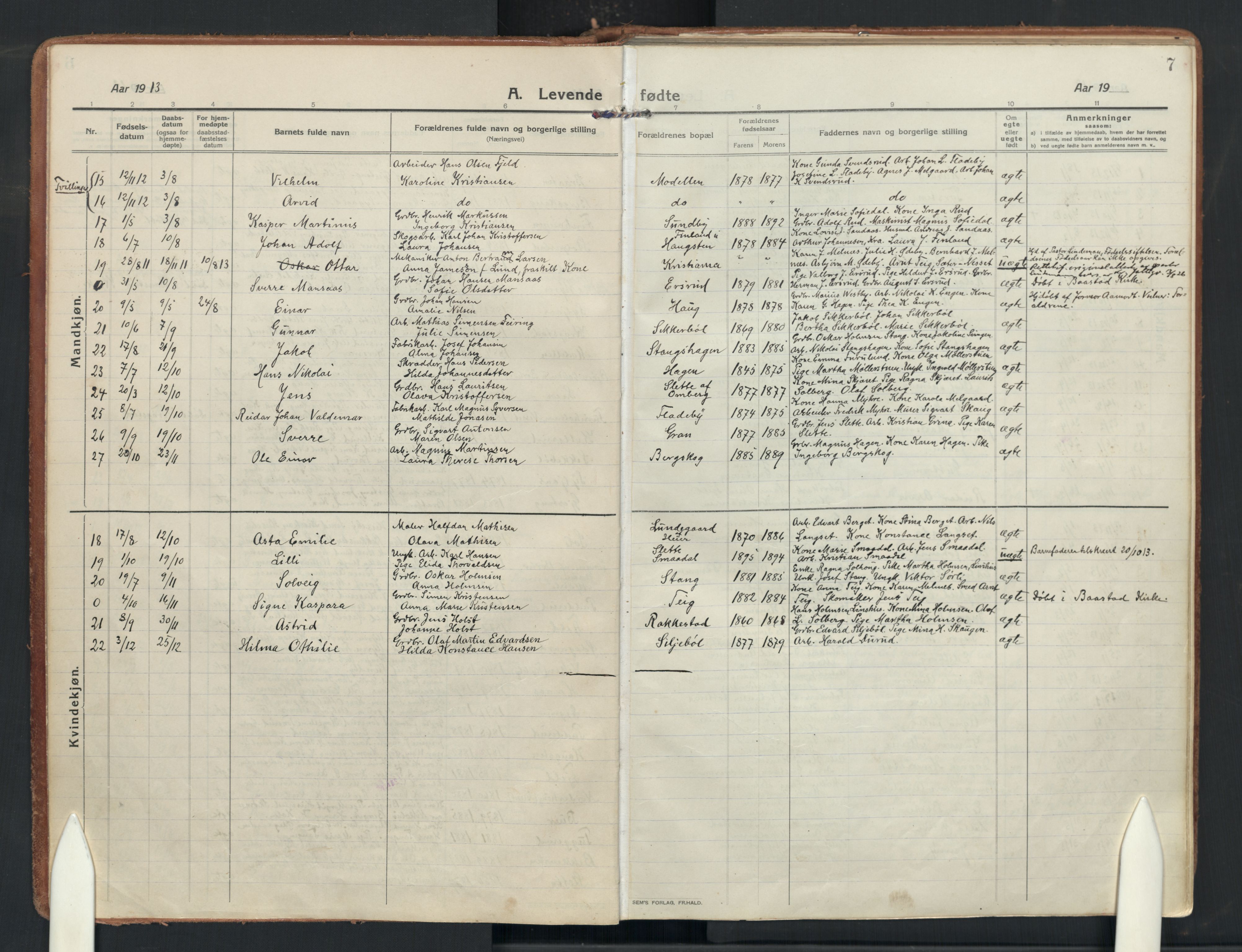 Enebakk prestekontor Kirkebøker, SAO/A-10171c/F/Fa/L0019: Parish register (official) no. I 19, 1912-1935, p. 7