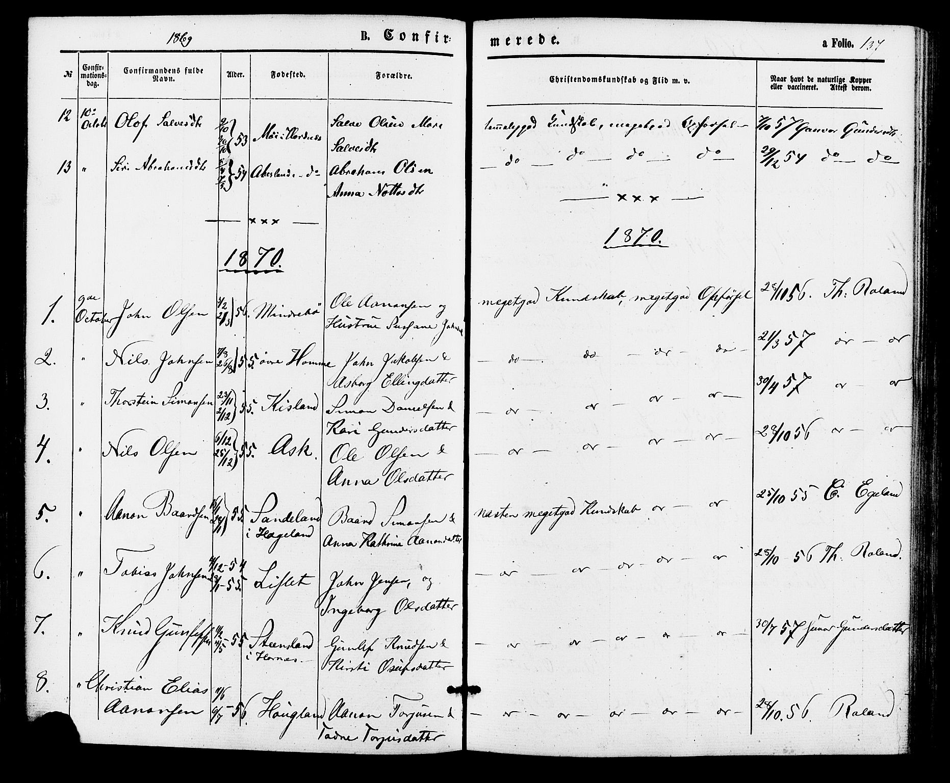 Bjelland sokneprestkontor, SAK/1111-0005/F/Fa/Faa/L0003: Parish register (official) no. A 3, 1867-1887, p. 137