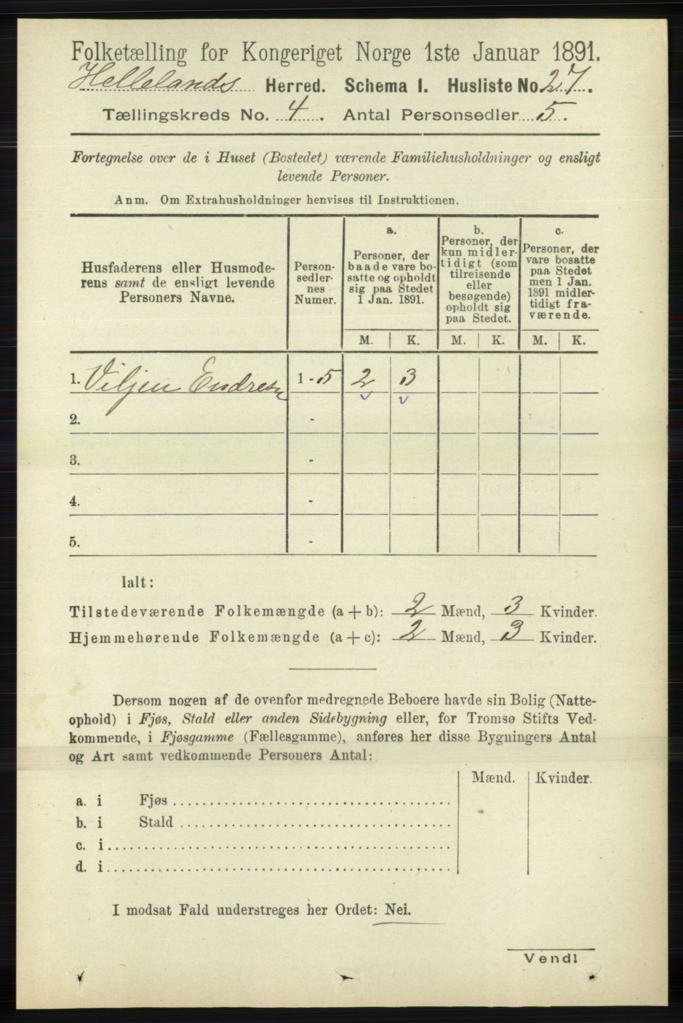 RA, 1891 census for 1115 Helleland, 1891, p. 1138