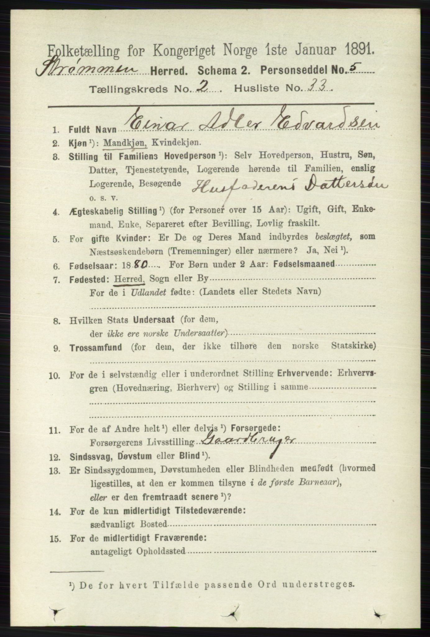 RA, 1891 census for 0711 Strømm, 1891, p. 889