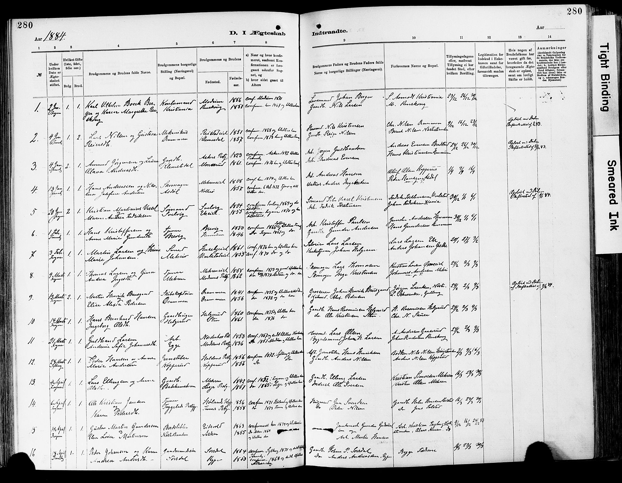 Lier kirkebøker, AV/SAKO-A-230/F/Fa/L0015: Parish register (official) no. I 15, 1883-1894, p. 280