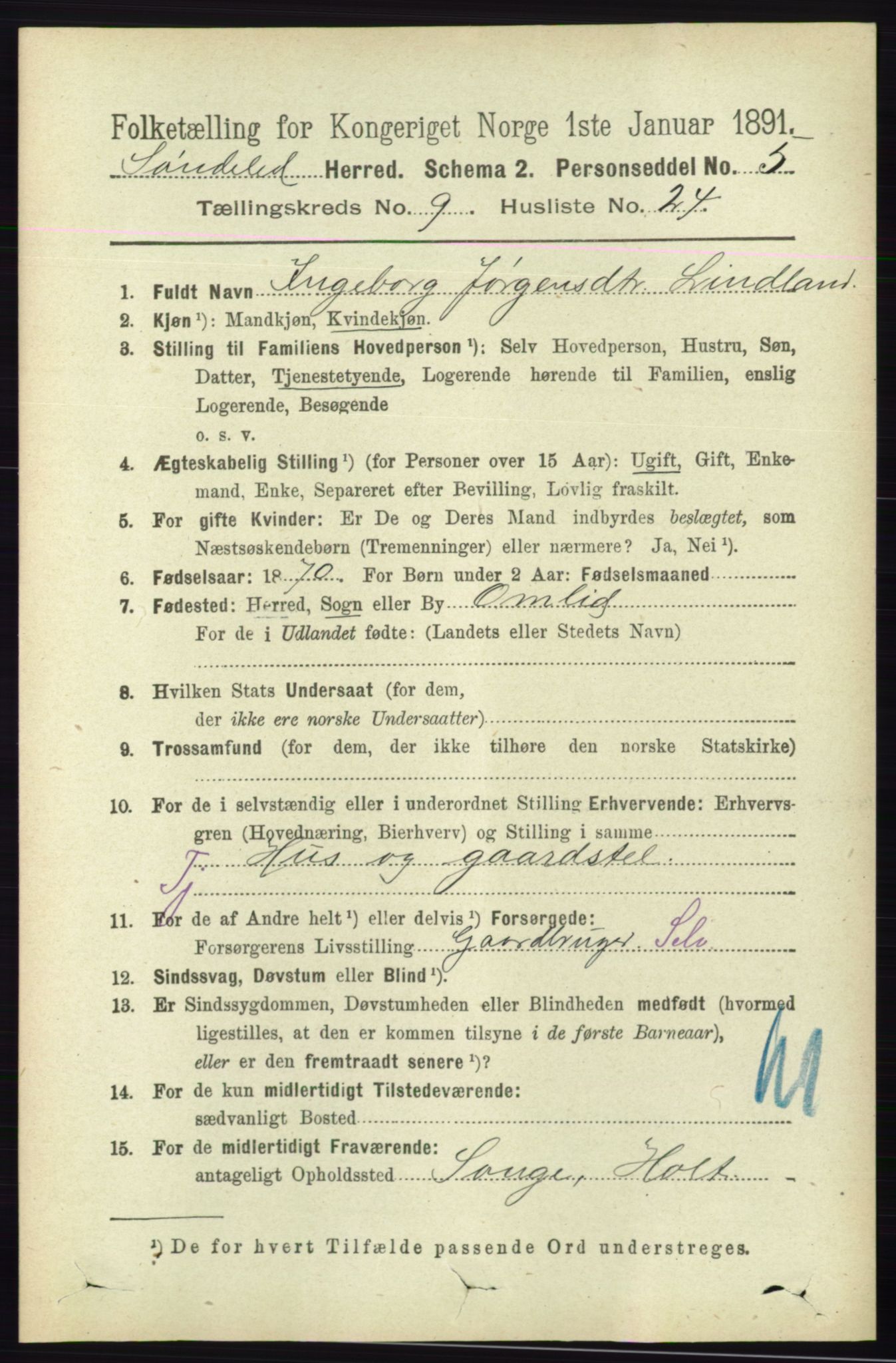 RA, 1891 census for 0913 Søndeled, 1891, p. 3027