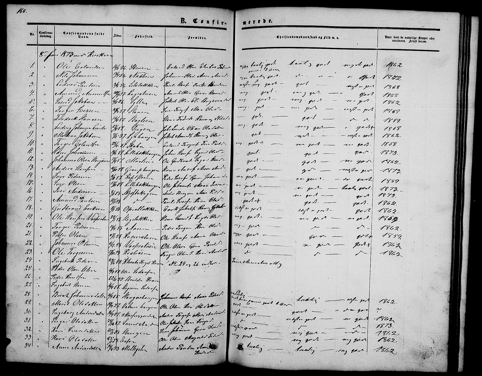 Nord-Fron prestekontor, SAH/PREST-080/H/Ha/Hab/L0002: Parish register (copy) no. 2, 1851-1883, p. 168