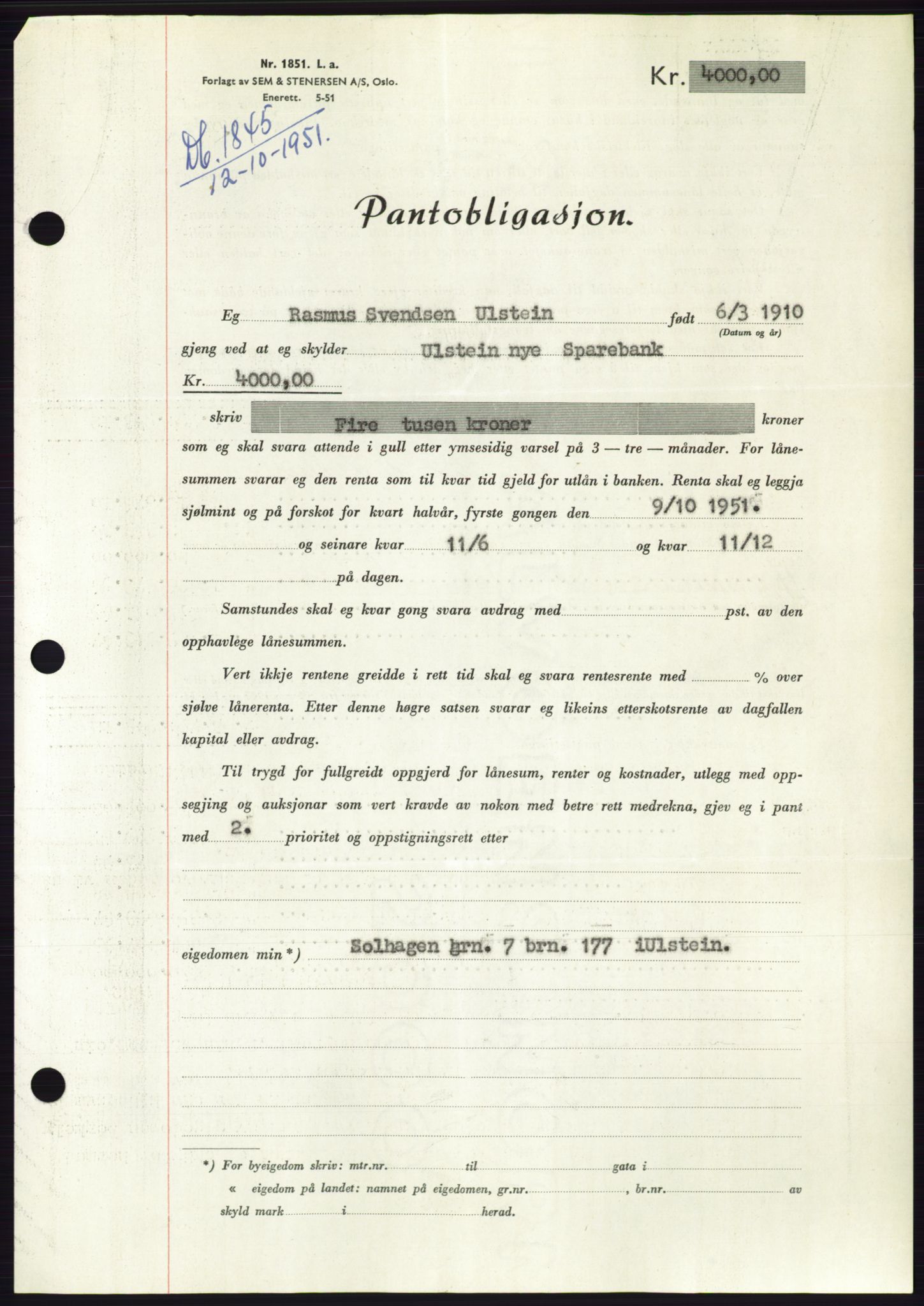 Søre Sunnmøre sorenskriveri, AV/SAT-A-4122/1/2/2C/L0120: Mortgage book no. 8B, 1951-1951, Diary no: : 1845/1951