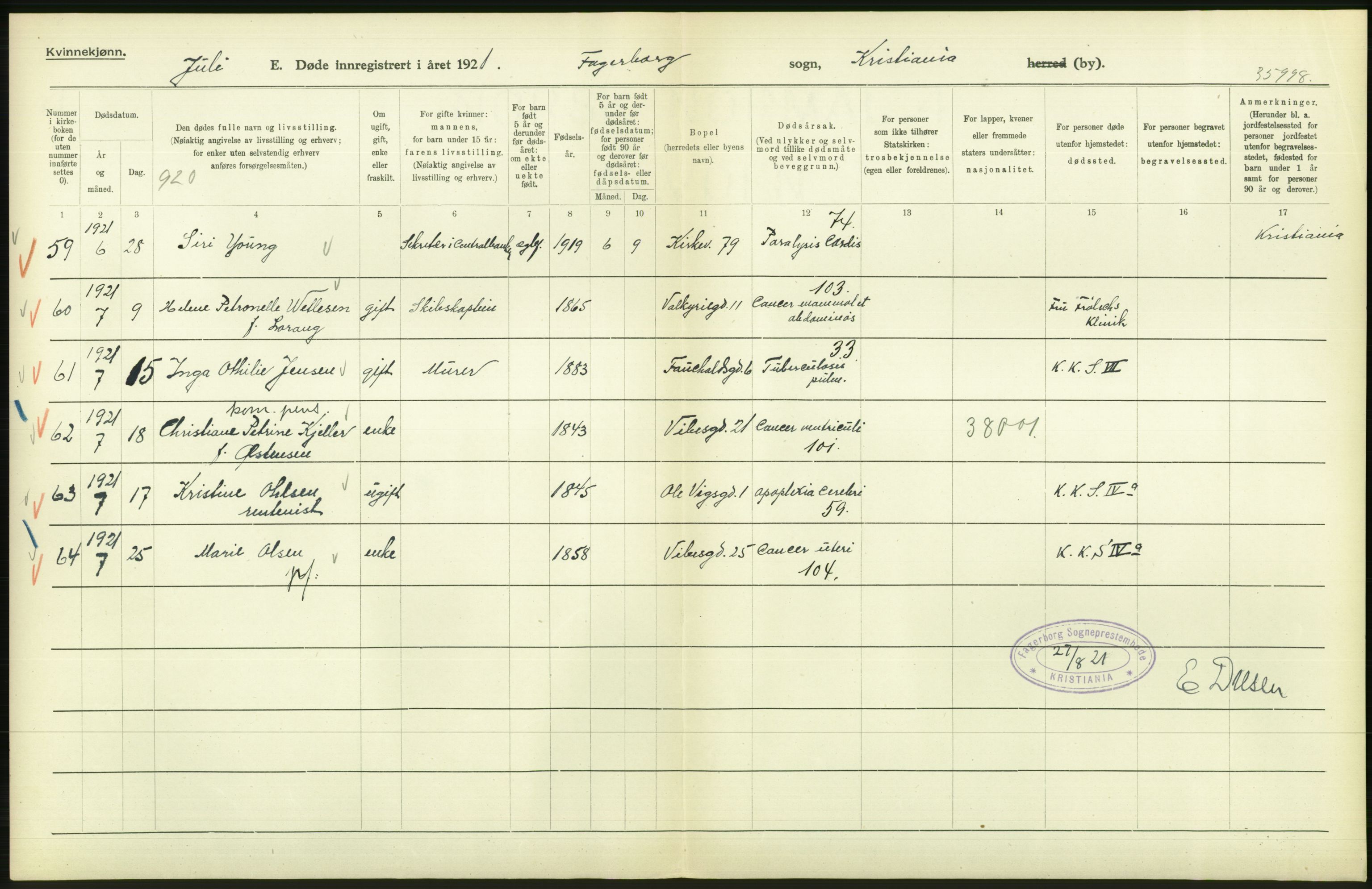 Statistisk sentralbyrå, Sosiodemografiske emner, Befolkning, AV/RA-S-2228/D/Df/Dfc/Dfca/L0012: Kristiania: Døde, 1921, p. 332