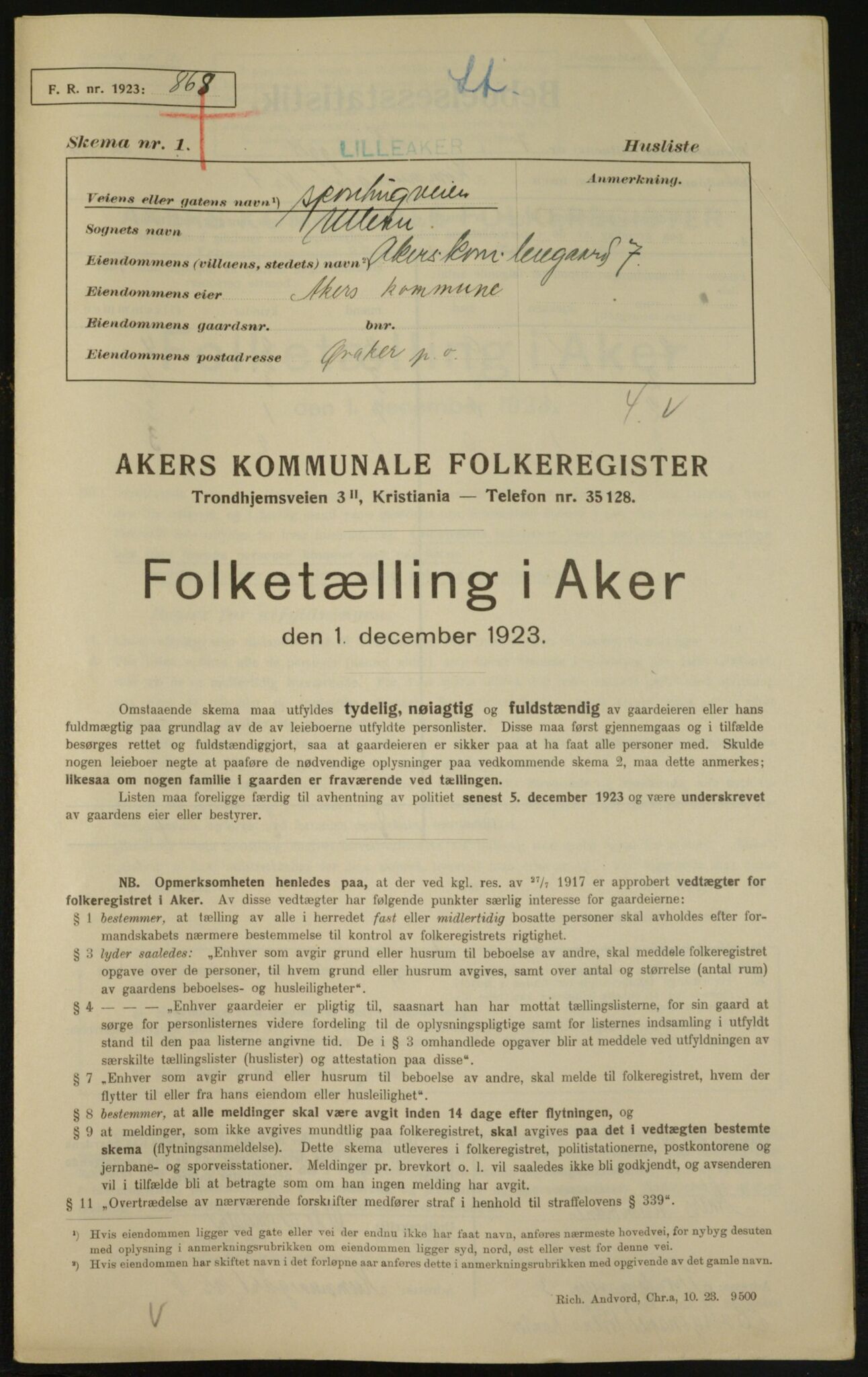 , Municipal Census 1923 for Aker, 1923, p. 5351