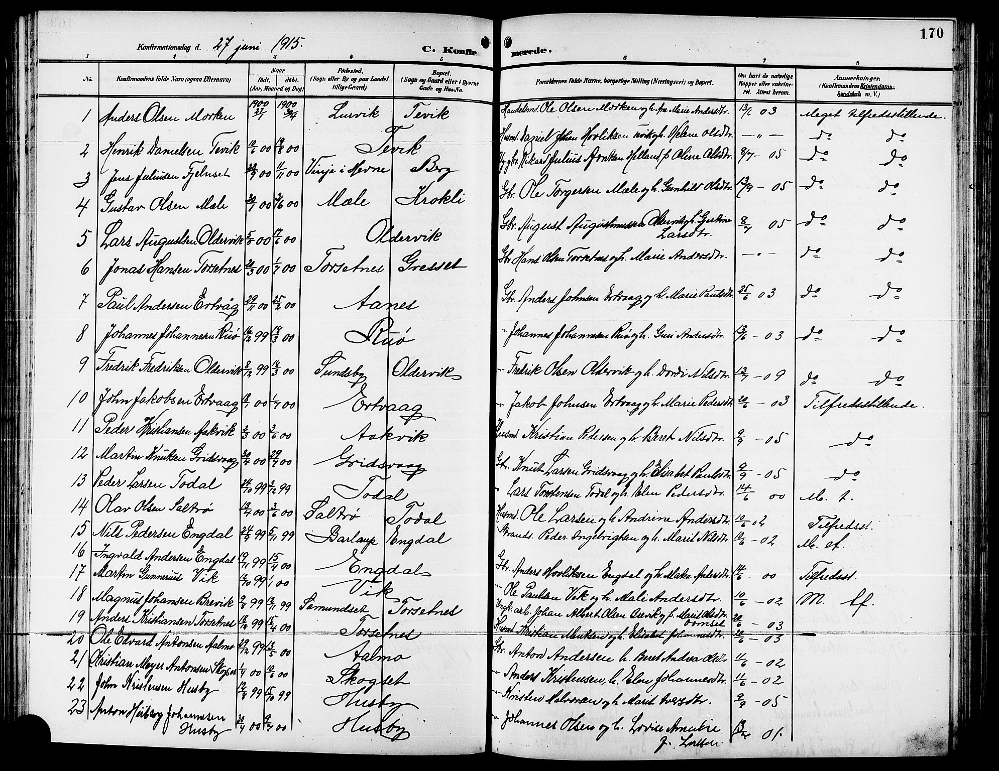 Ministerialprotokoller, klokkerbøker og fødselsregistre - Møre og Romsdal, AV/SAT-A-1454/578/L0910: Parish register (copy) no. 578C03, 1900-1921, p. 170