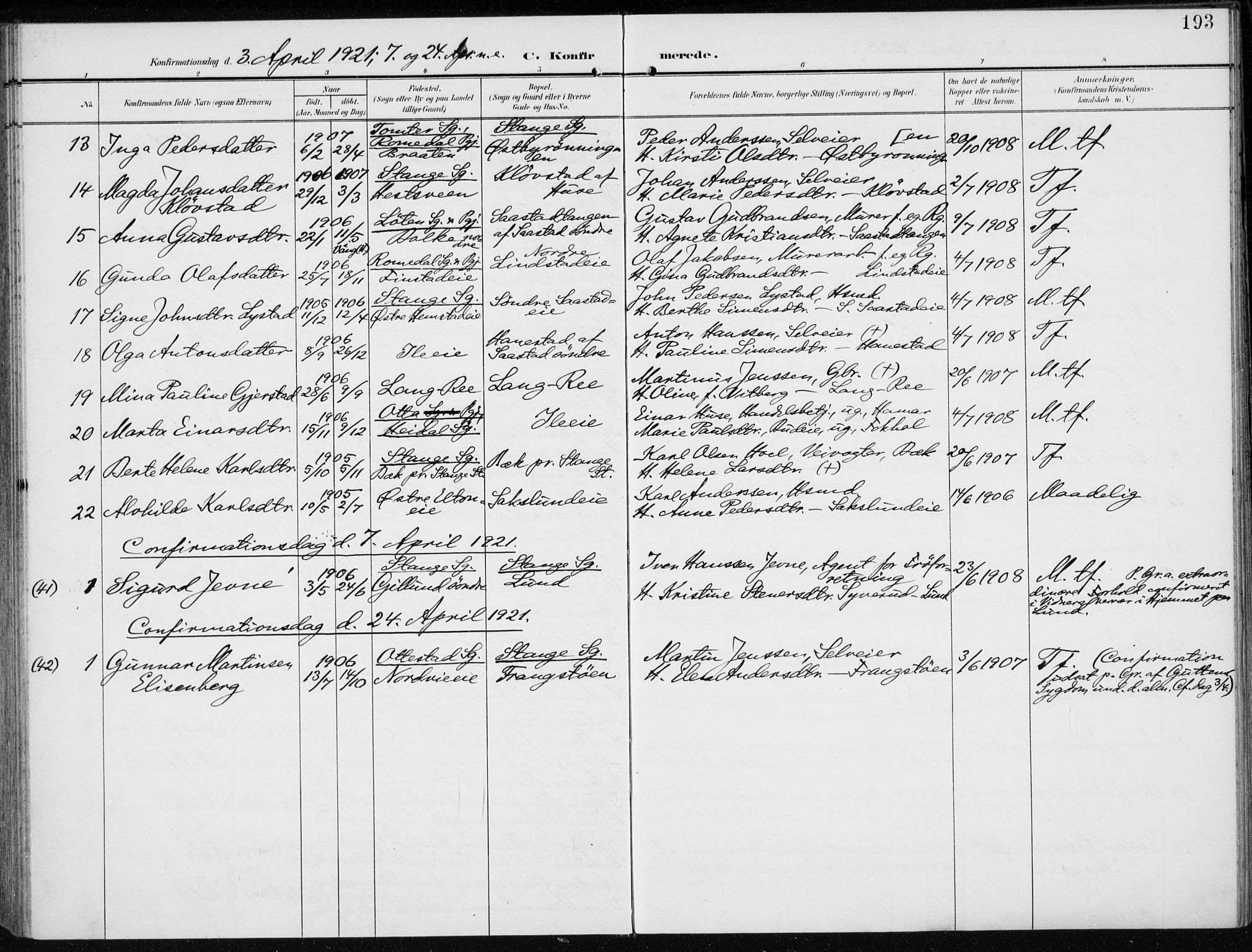 Stange prestekontor, AV/SAH-PREST-002/K/L0024: Parish register (official) no. 24, 1906-1922, p. 193