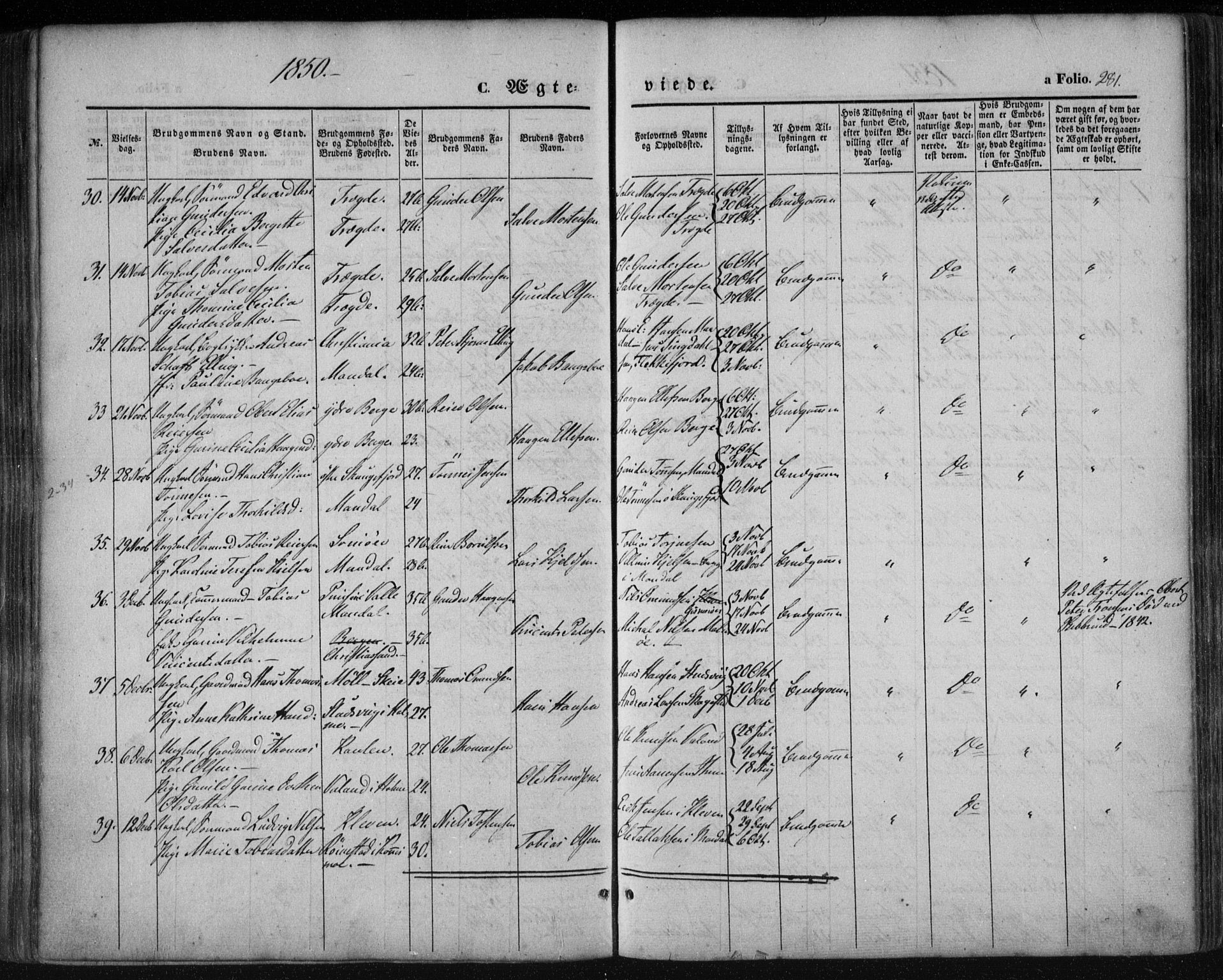 Mandal sokneprestkontor, AV/SAK-1111-0030/F/Fa/Faa/L0013: Parish register (official) no. A 13, 1847-1859, p. 281