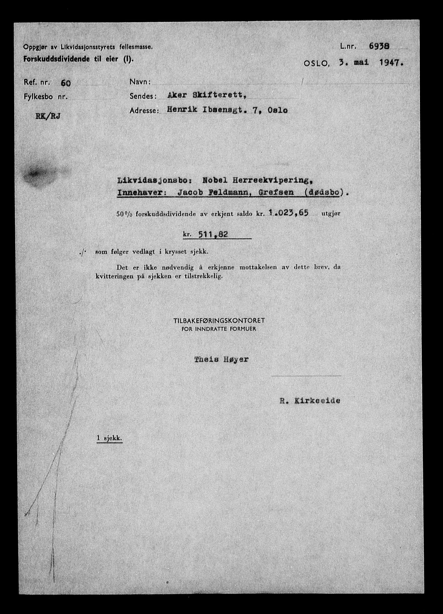 Justisdepartementet, Tilbakeføringskontoret for inndratte formuer, AV/RA-S-1564/H/Hc/Hcc/L0967: --, 1945-1947, p. 348