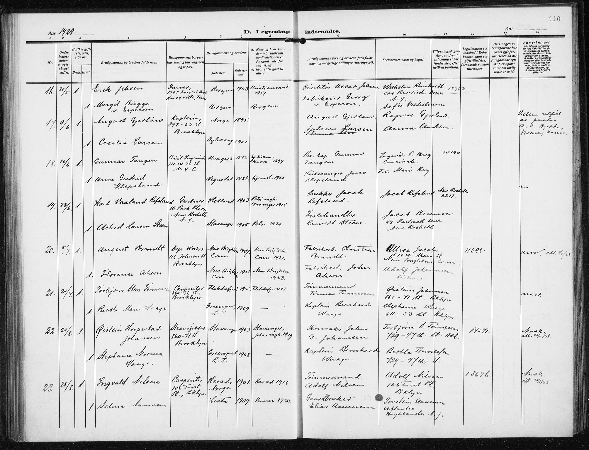 Den norske sjømannsmisjon i utlandet/New York, AV/SAB-SAB/PA-0110/H/Ha/L0008: Parish register (official) no. A 8, 1923-1935, p. 110