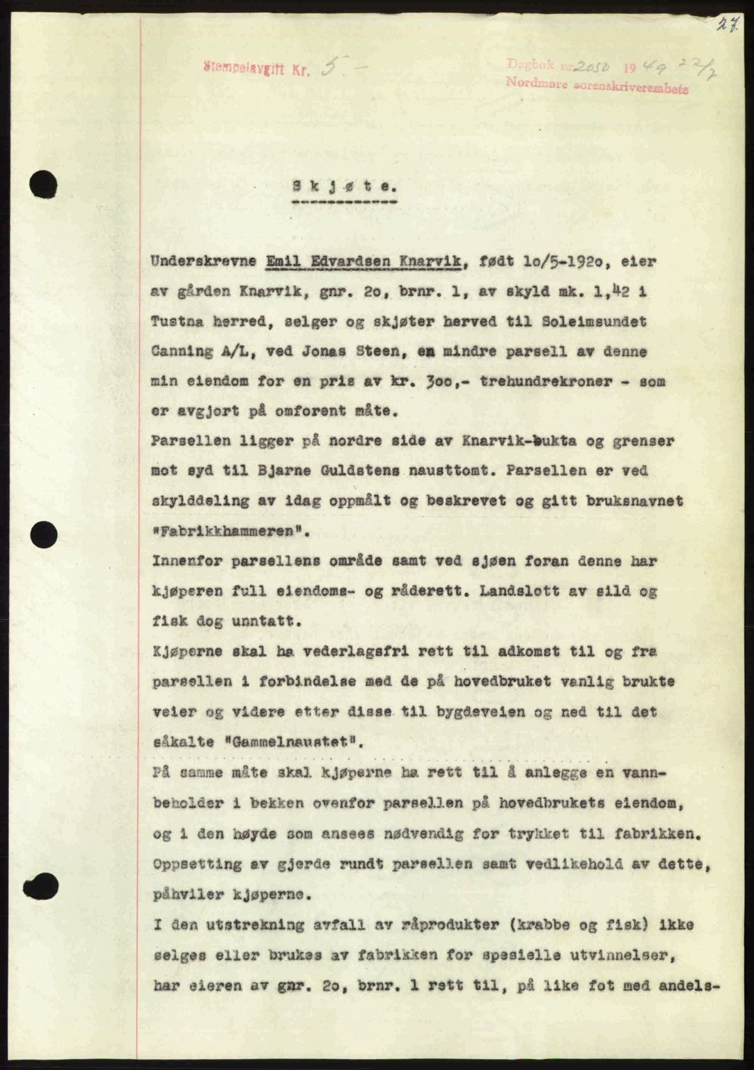 Nordmøre sorenskriveri, AV/SAT-A-4132/1/2/2Ca: Mortgage book no. A112, 1949-1949, Diary no: : 2050/1949