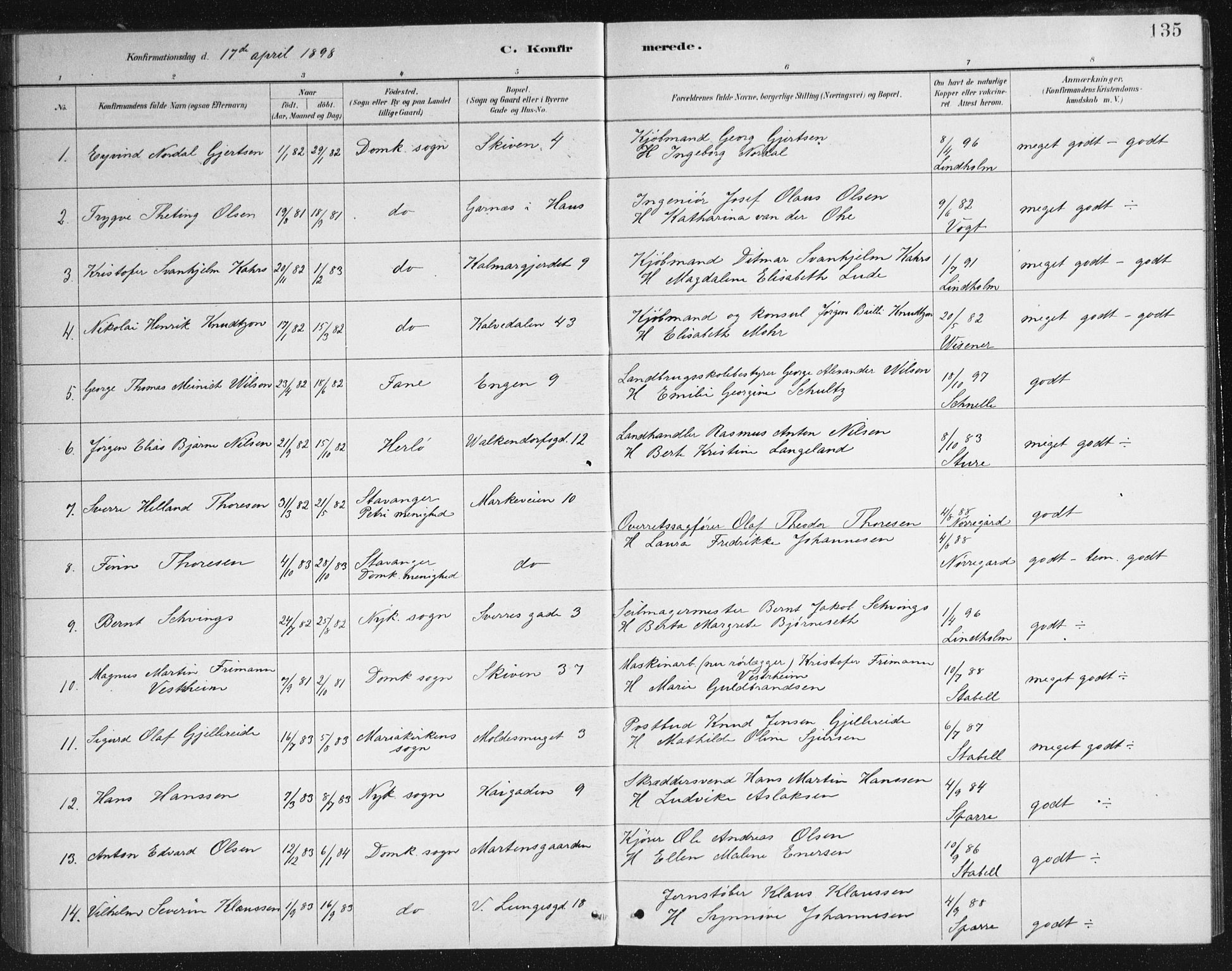 Domkirken sokneprestembete, SAB/A-74801/H/Haa/L0066: Curate's parish register no. A 4, 1880-1912, p. 135