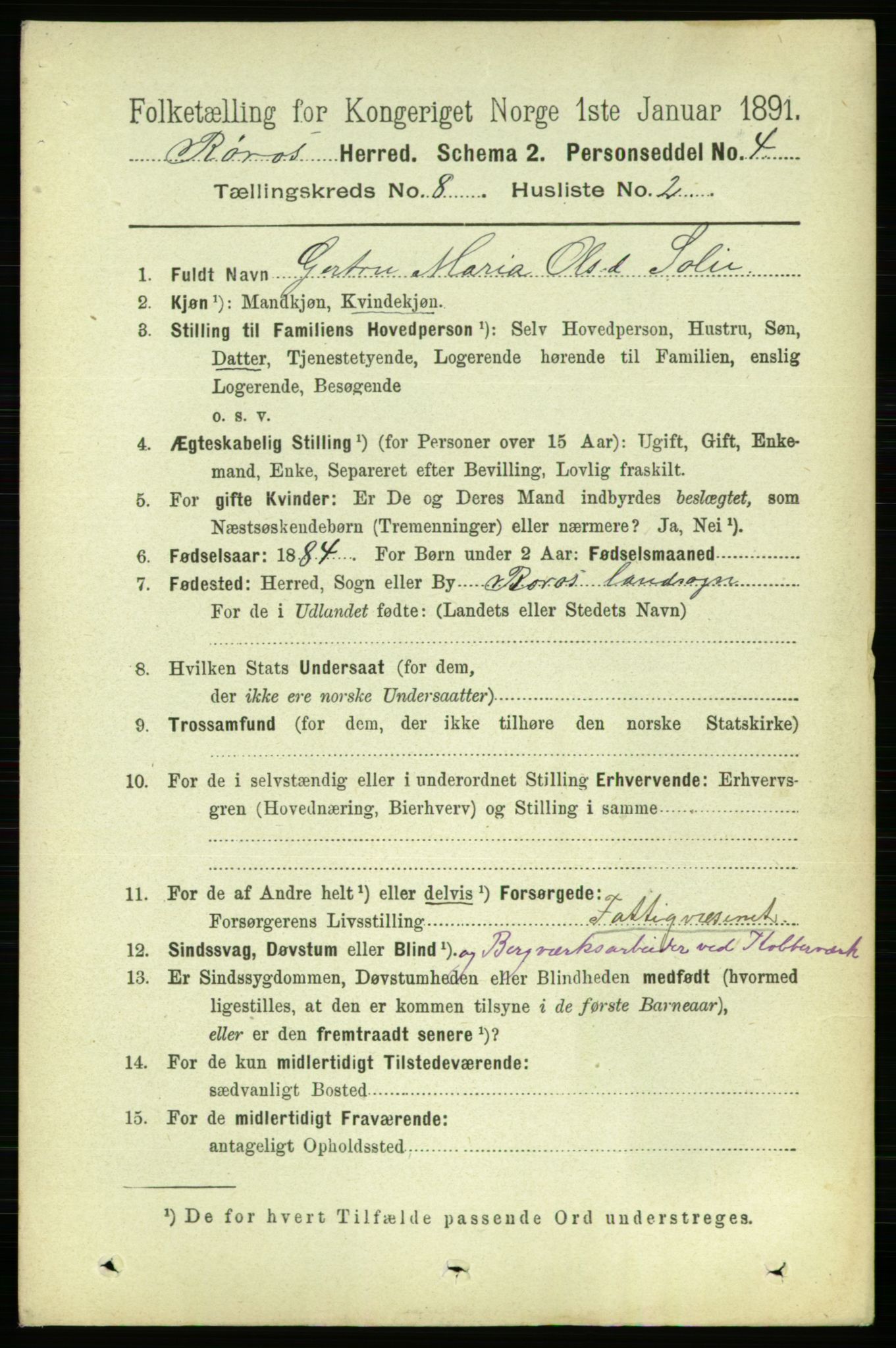 RA, 1891 census for 1640 Røros, 1891, p. 1614