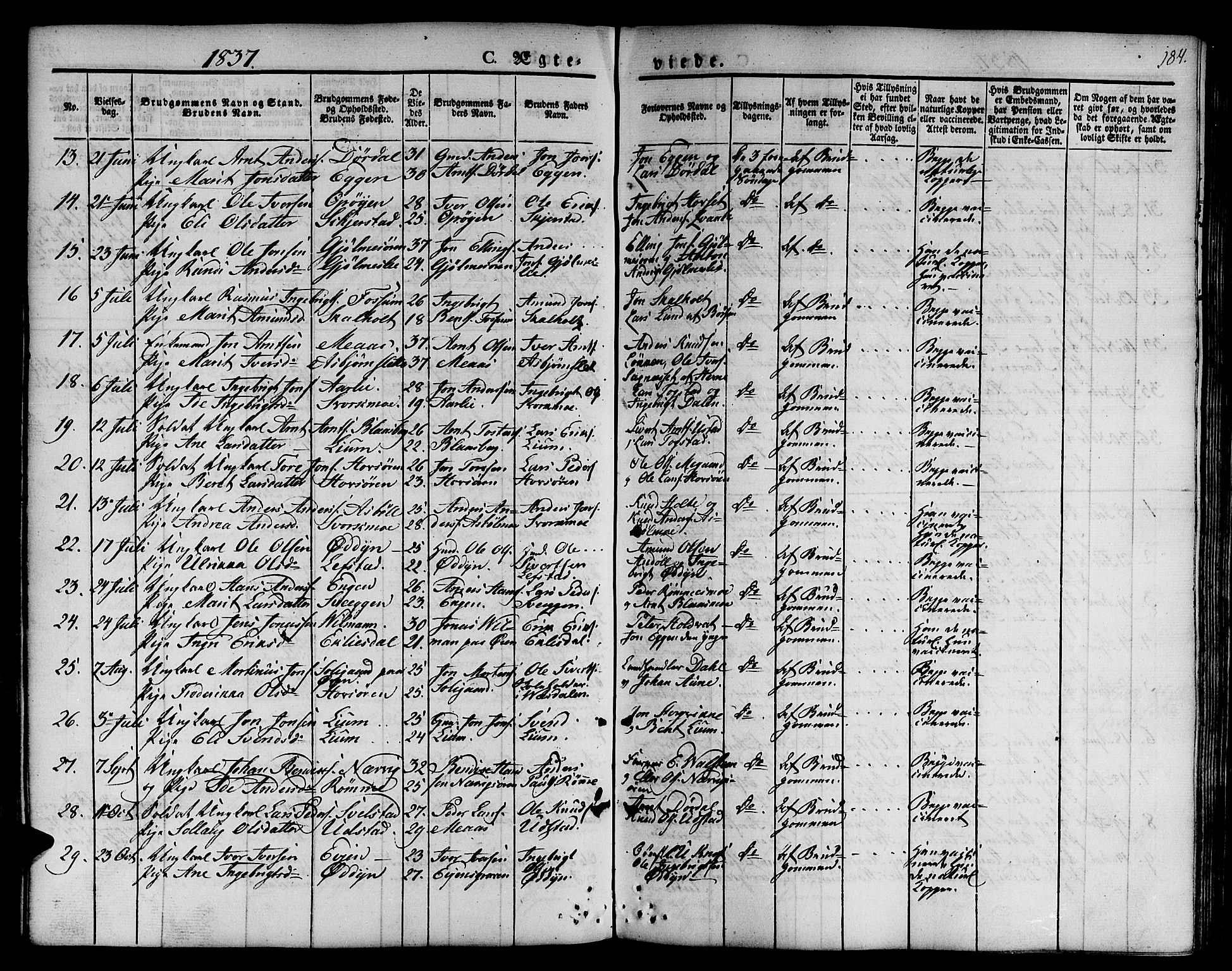 Ministerialprotokoller, klokkerbøker og fødselsregistre - Sør-Trøndelag, SAT/A-1456/668/L0804: Parish register (official) no. 668A04, 1826-1839, p. 184