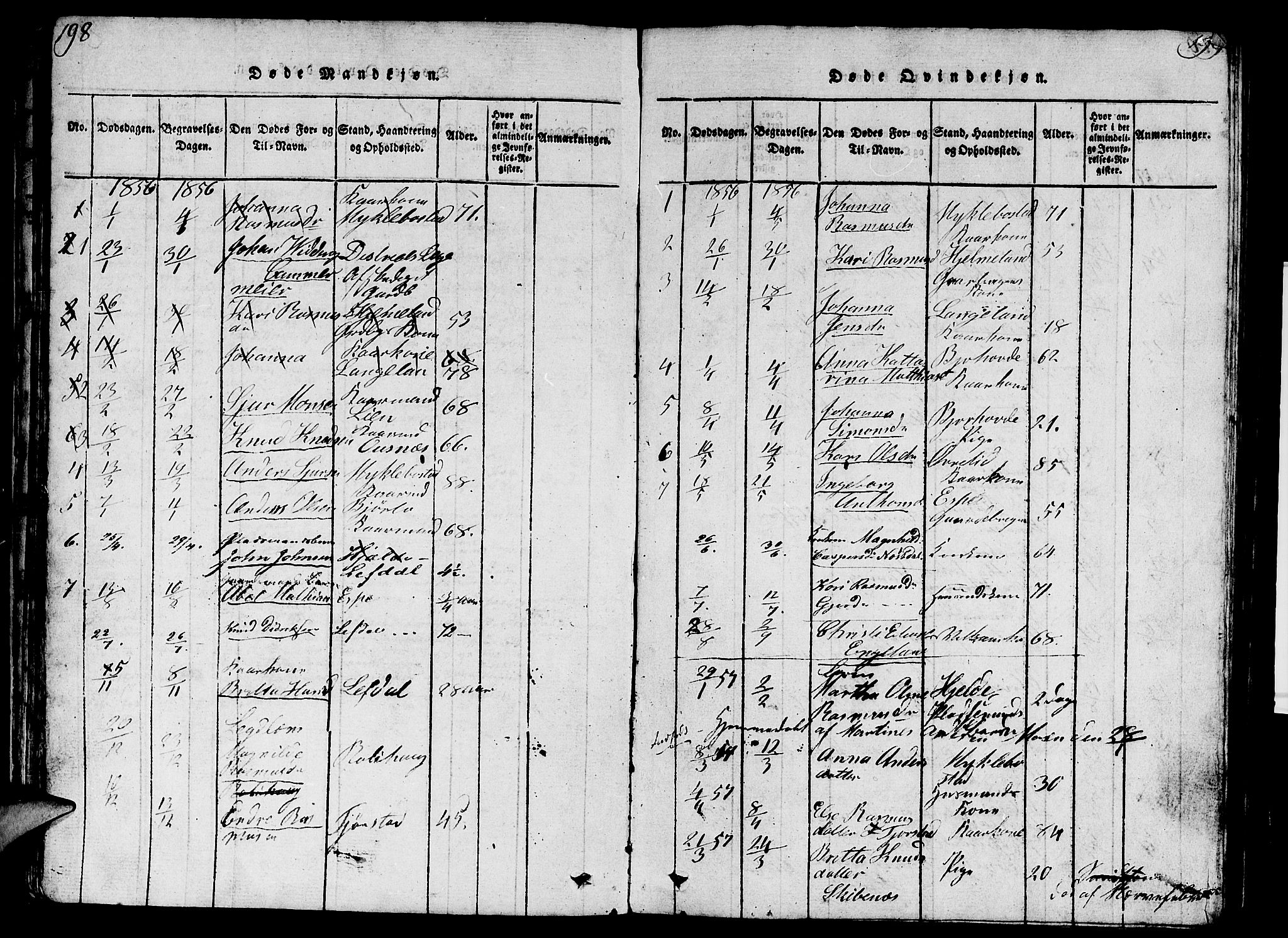 Eid sokneprestembete, SAB/A-82301/H/Hab/Haba/L0001: Parish register (copy) no. A 1, 1816-1862, p. 198-199