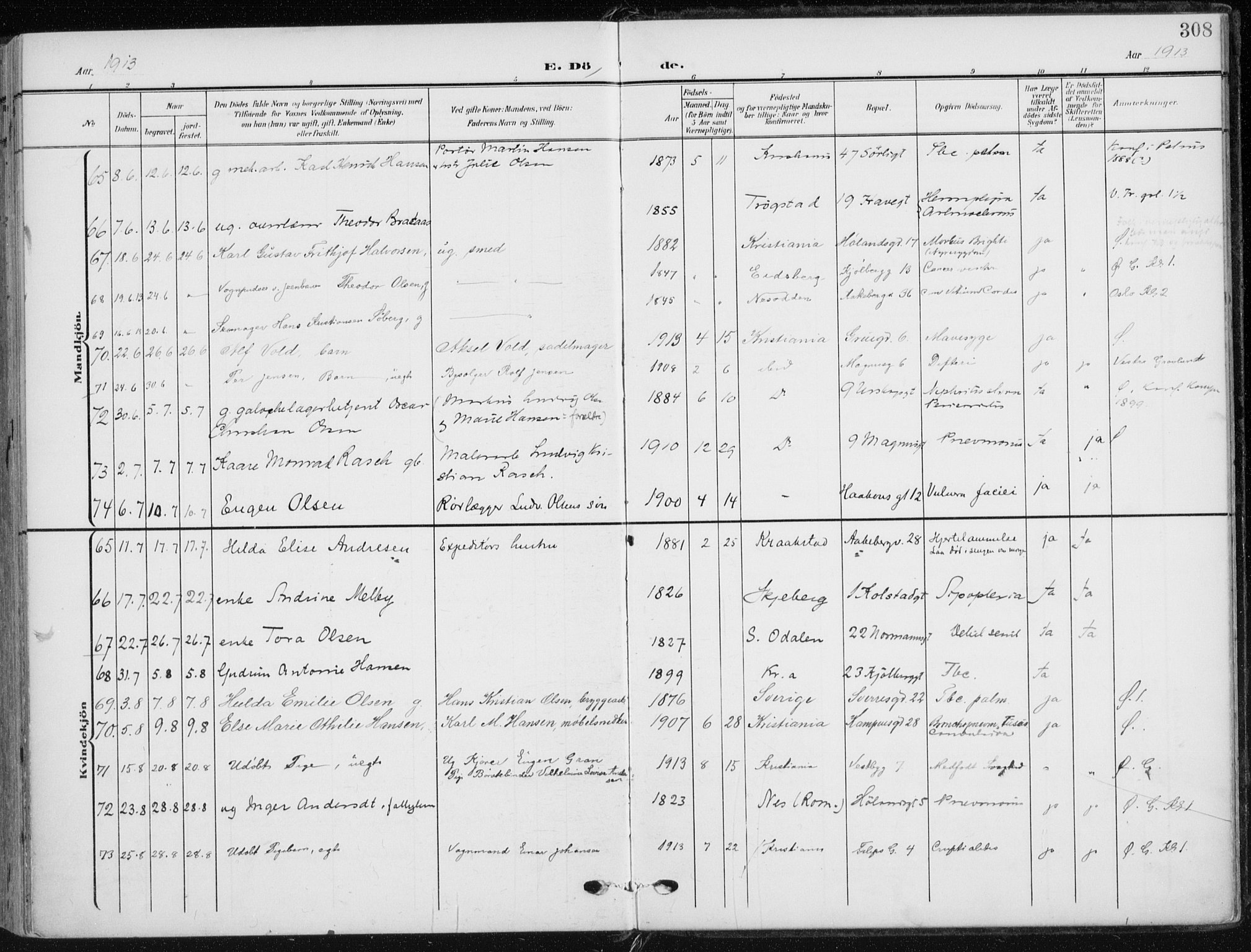 Kampen prestekontor Kirkebøker, AV/SAO-A-10853/F/Fa/L0011: Parish register (official) no. I 11, 1907-1917, p. 308