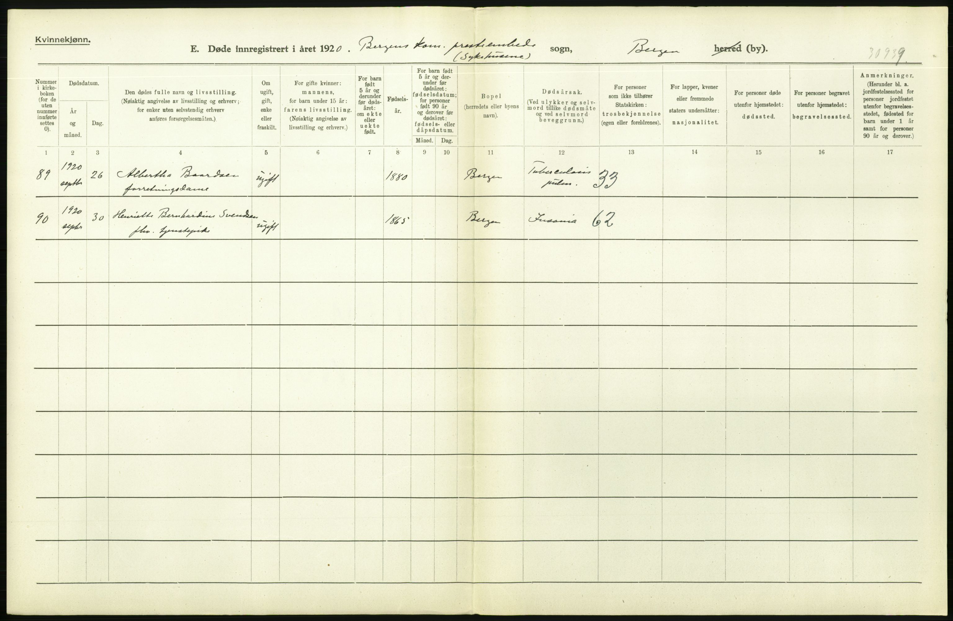 Statistisk sentralbyrå, Sosiodemografiske emner, Befolkning, AV/RA-S-2228/D/Df/Dfb/Dfbj/L0042: Bergen: Gifte, døde, dødfødte., 1920, p. 356