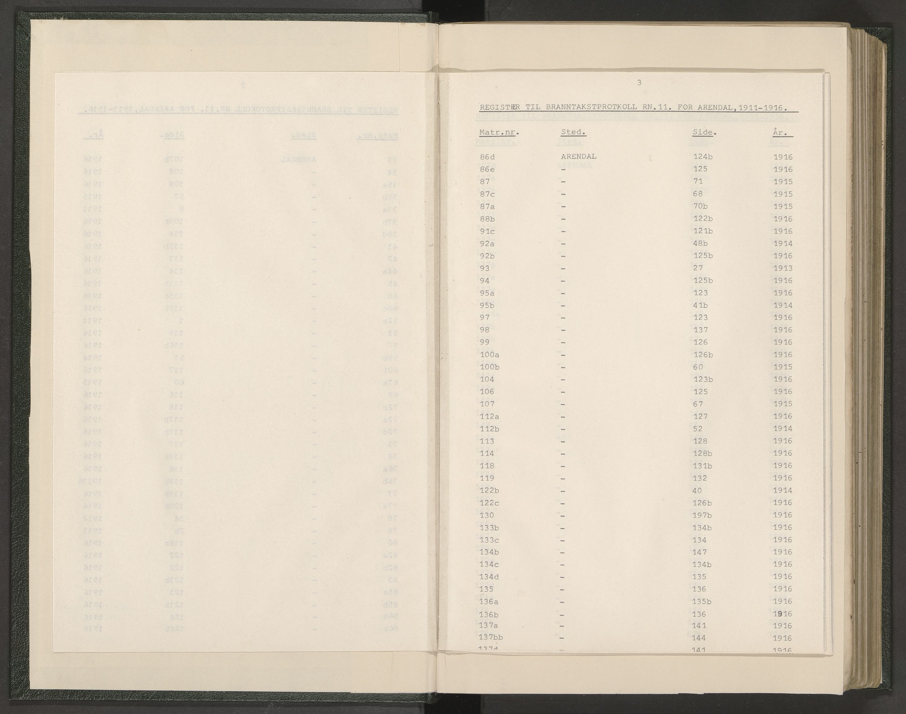 Norges Brannkasse Arendal, AV/SAK-2241-0002/F/Fa/L0028: Branntakstprotokoll nr. 26 med matrikkelnummerregister, 1911-1916