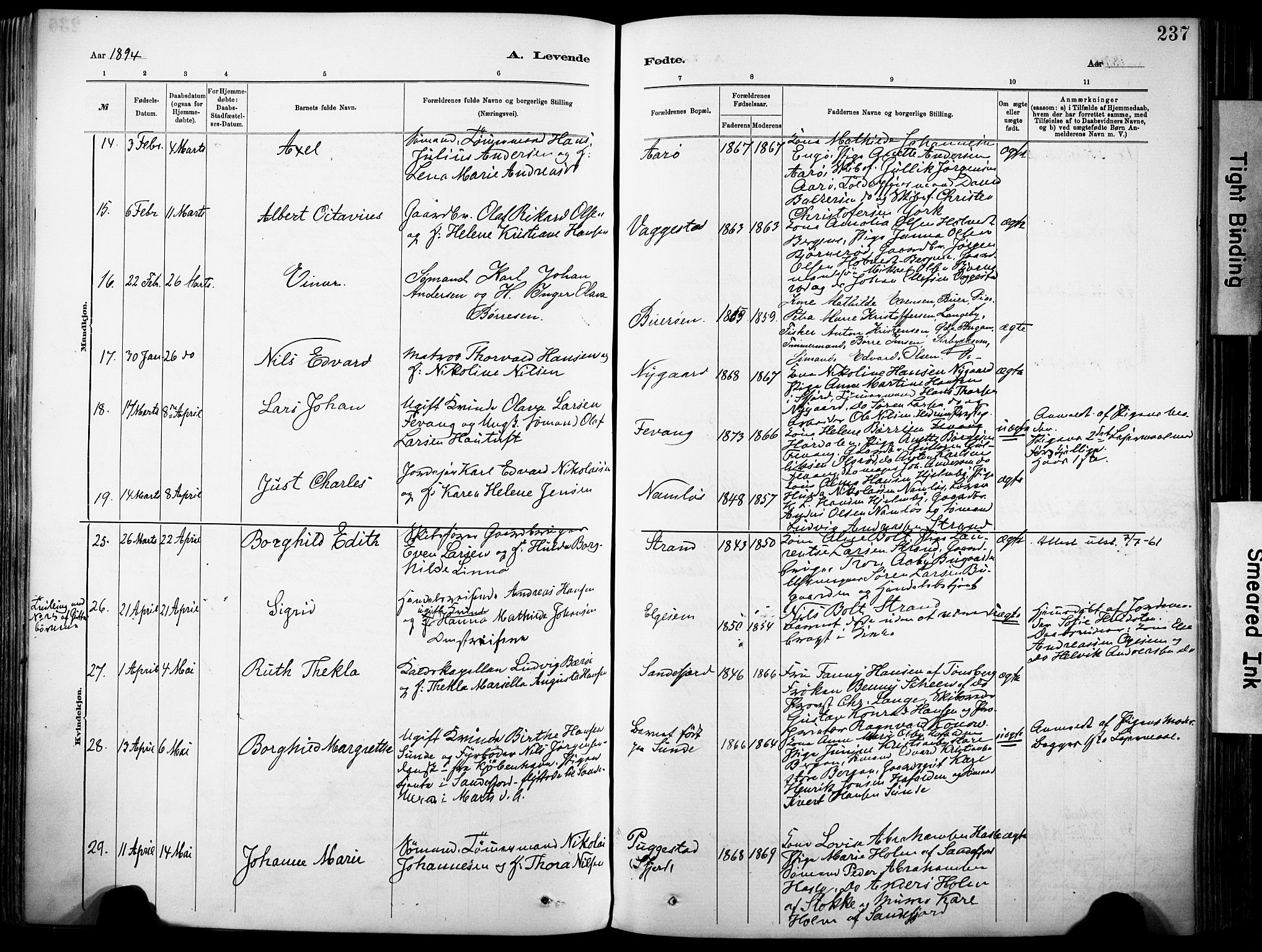 Sandar kirkebøker, SAKO/A-243/F/Fa/L0012: Parish register (official) no. 12, 1883-1895, p. 237