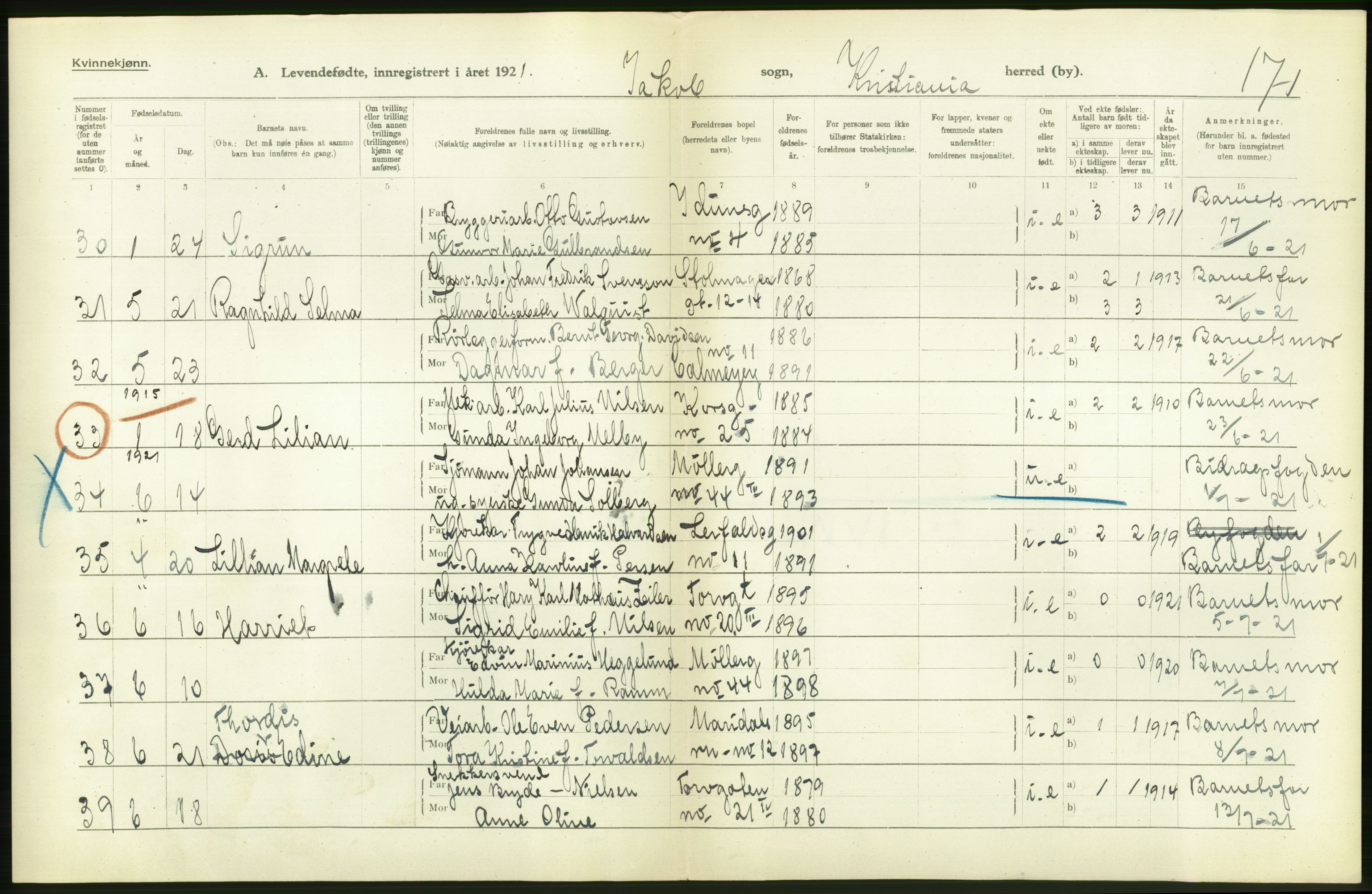 Statistisk sentralbyrå, Sosiodemografiske emner, Befolkning, RA/S-2228/D/Df/Dfc/Dfca/L0010: Kristiania: Levendefødte menn og kvinner., 1921, p. 432