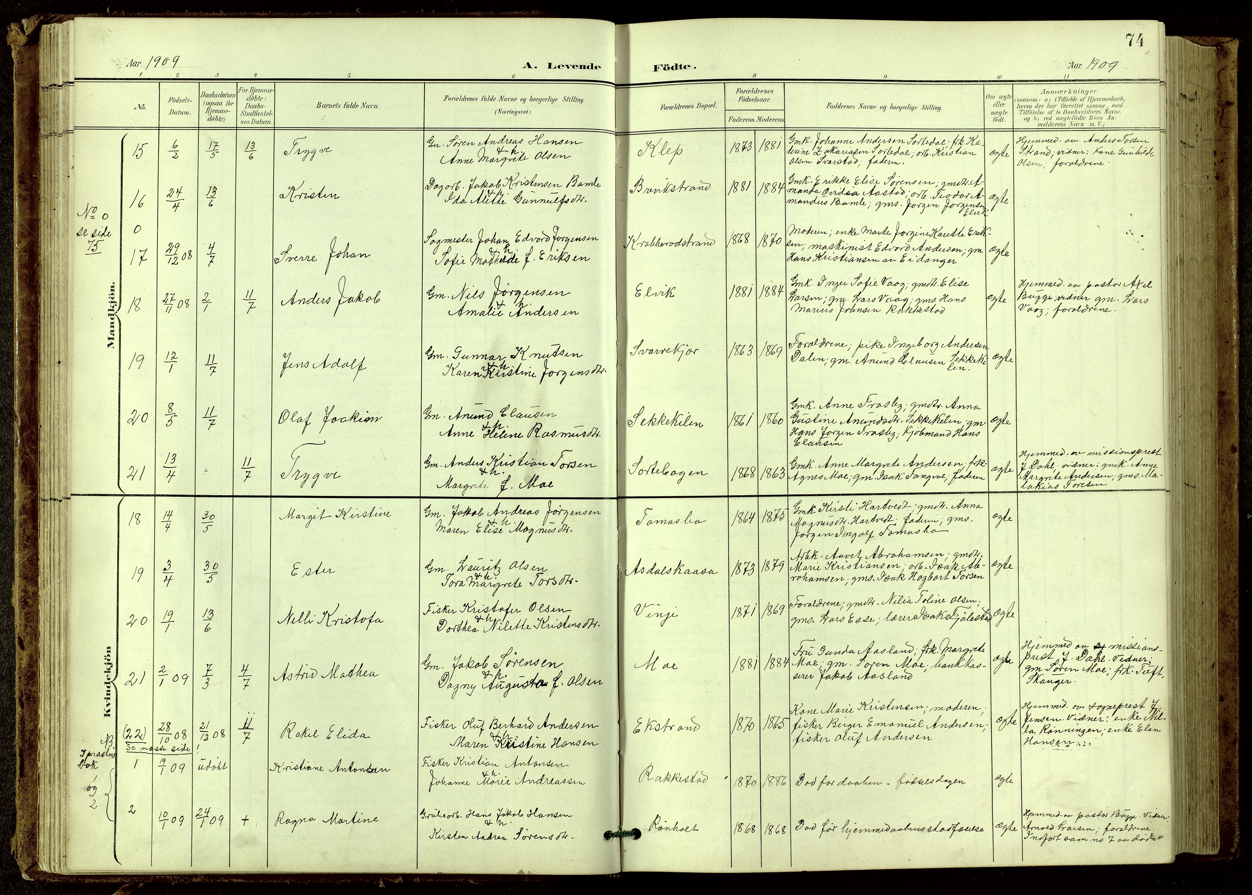 Bamble kirkebøker, SAKO/A-253/G/Ga/L0010: Parish register (copy) no. I 10, 1901-1919, p. 74