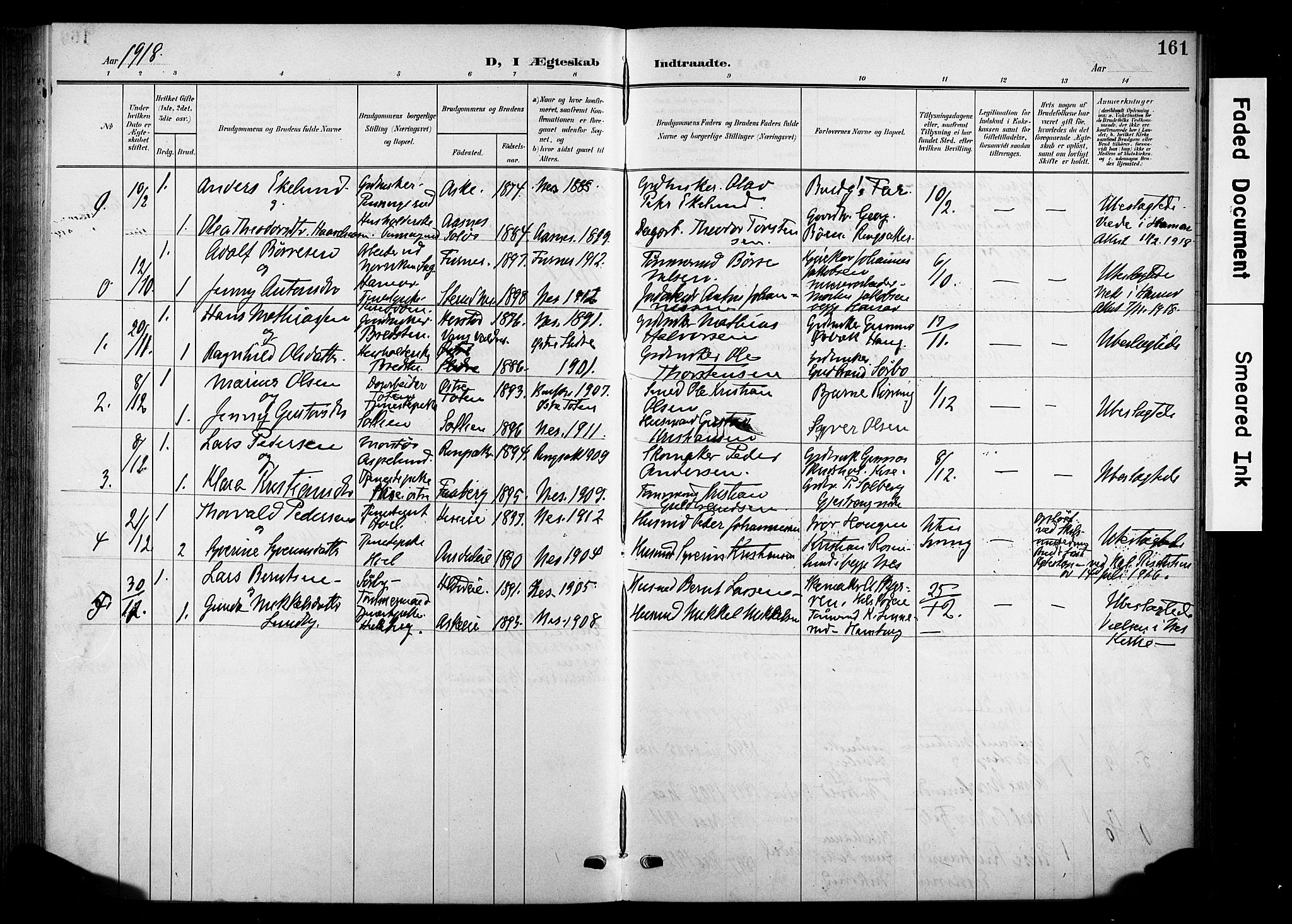 Nes prestekontor, Hedmark, AV/SAH-PREST-020/K/Ka/L0013: Parish register (official) no. 13, 1906-1924, p. 161