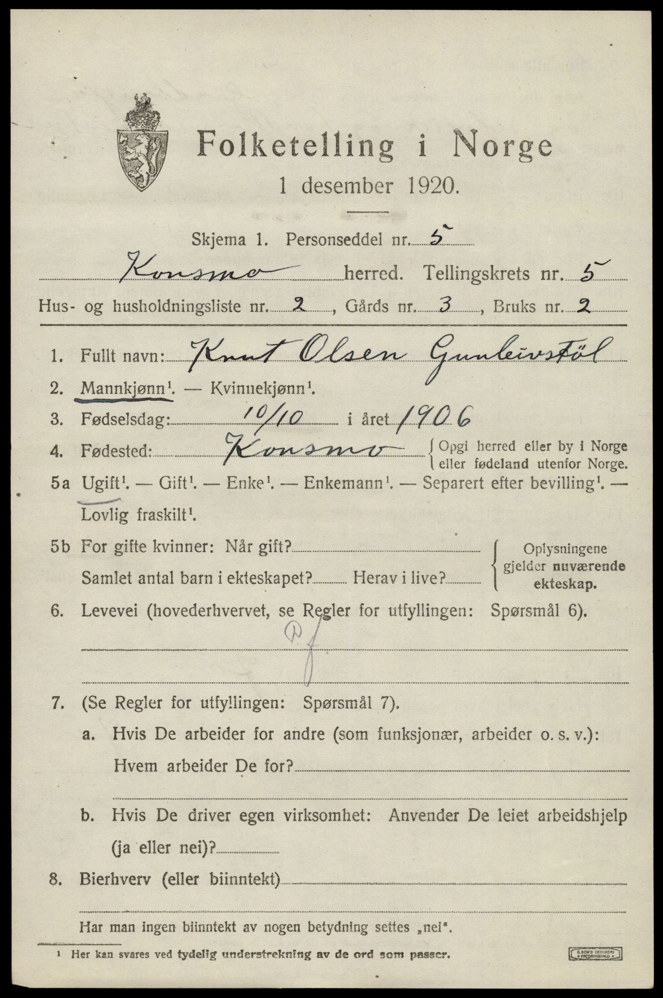 SAK, 1920 census for Konsmo, 1920, p. 1288