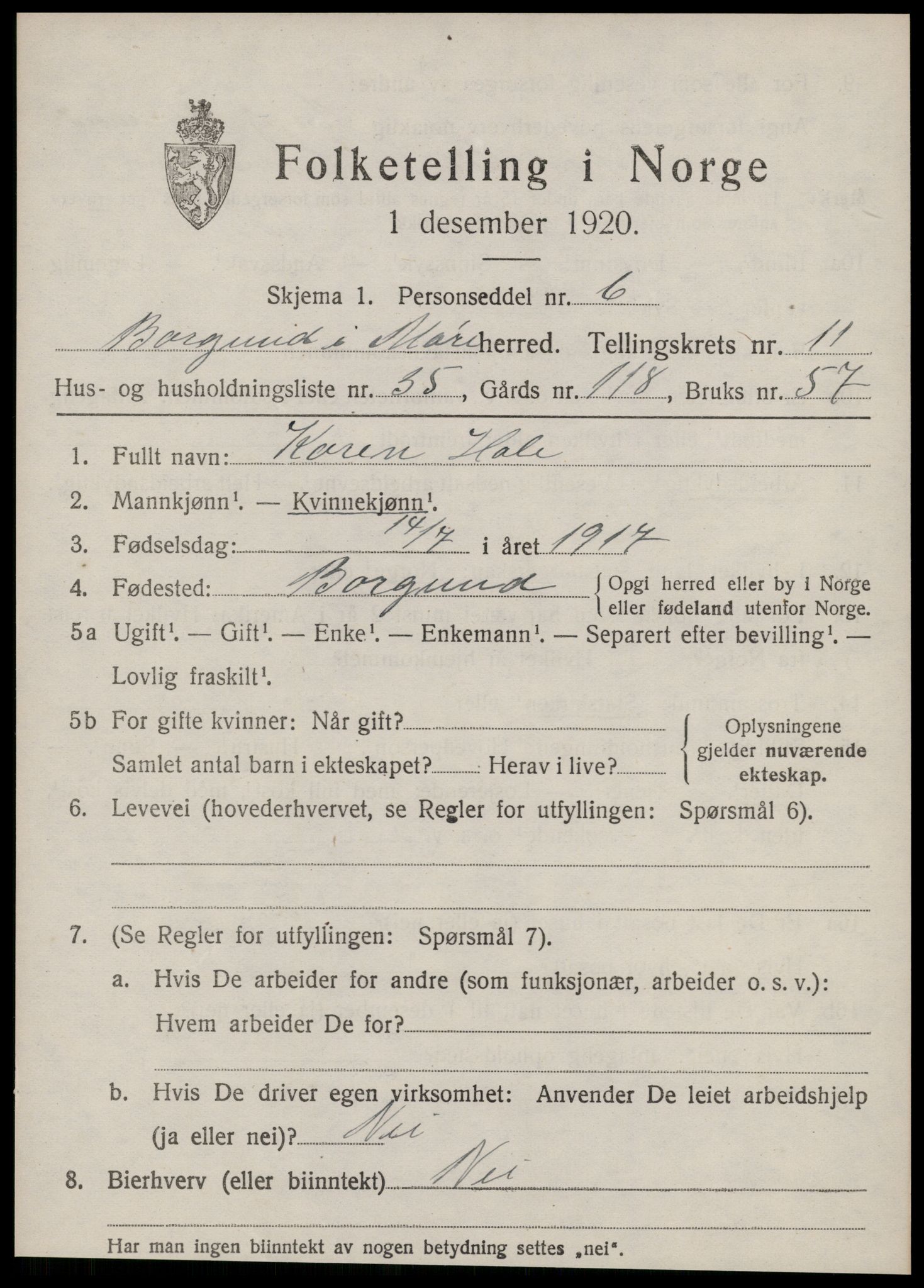 SAT, 1920 census for Borgund, 1920, p. 10326