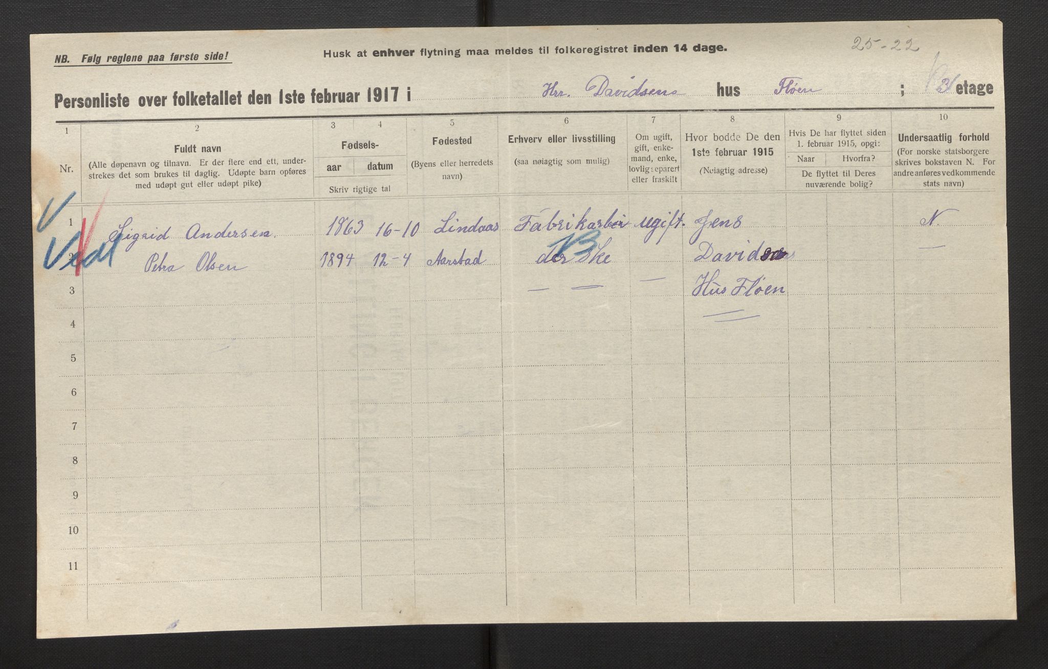 SAB, Municipal Census 1917 for Bergen, 1917, p. 54164