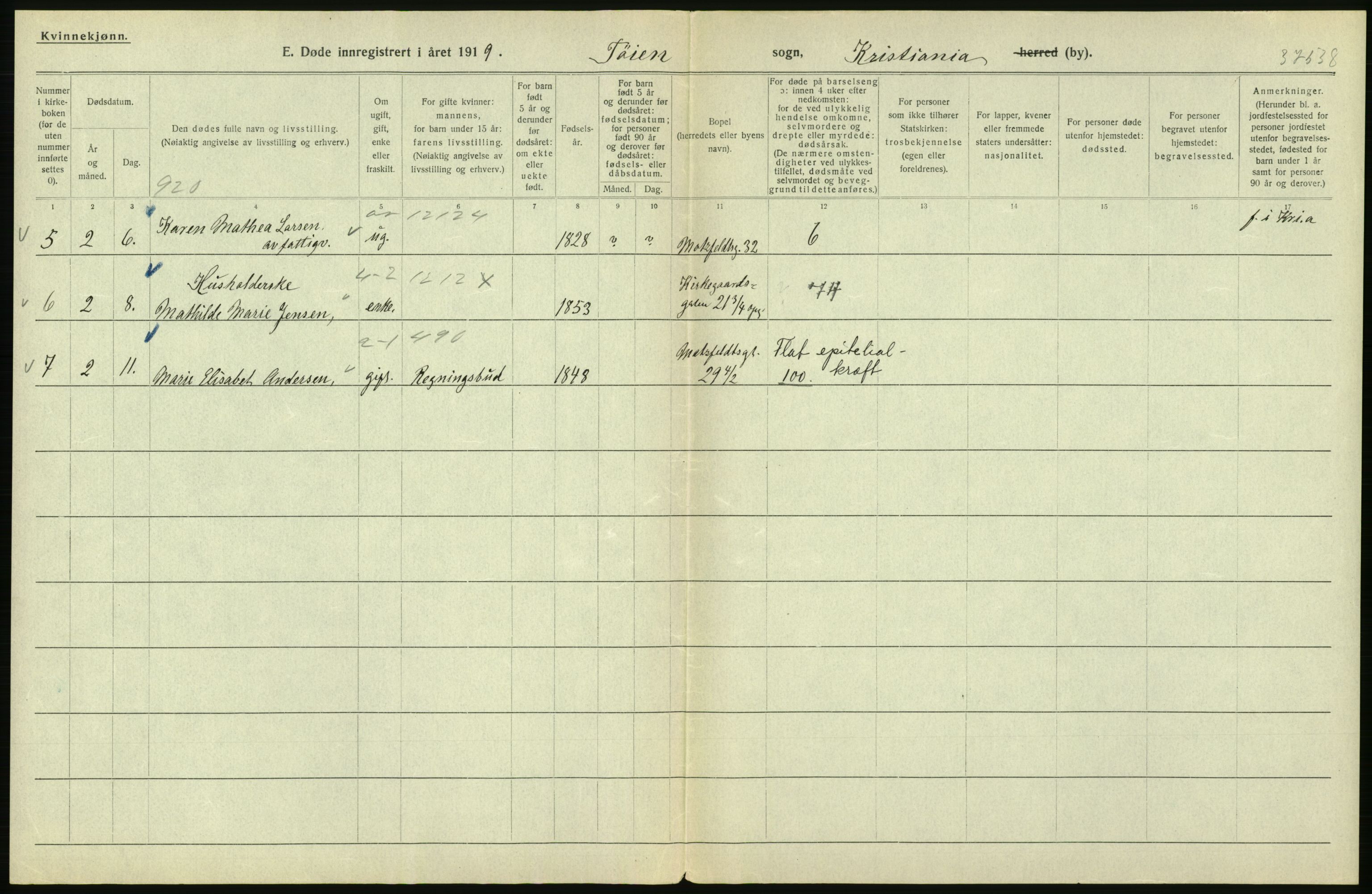 Statistisk sentralbyrå, Sosiodemografiske emner, Befolkning, RA/S-2228/D/Df/Dfb/Dfbi/L0010: Kristiania: Døde, 1919, p. 432