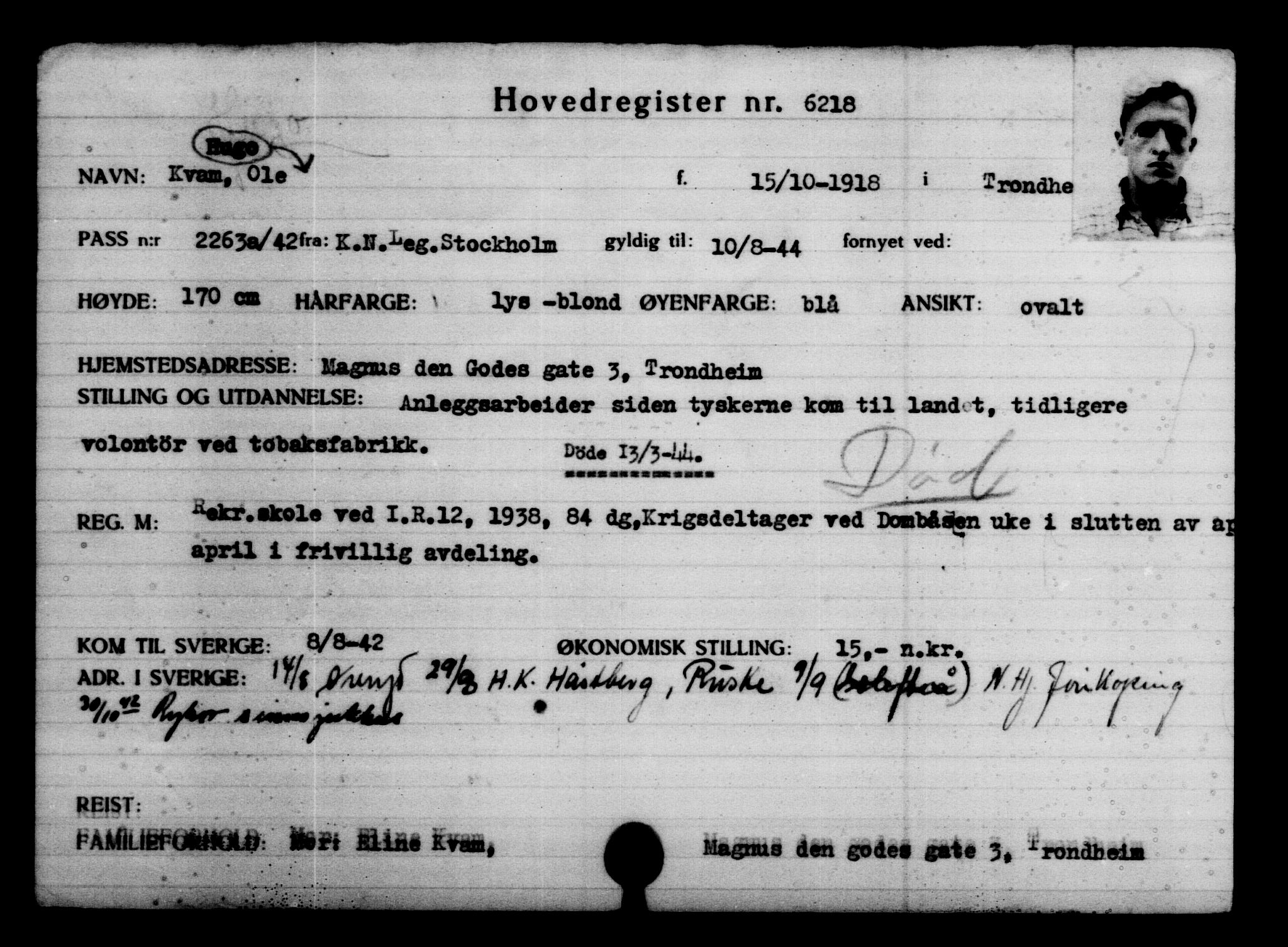 Utenriksstasjonene, Legasjonen i Stockholm, Flyktningkontoret, AV/RA-S-6753/V/Va/L0004: Kjesäterkartoteket, flyktninger med registreringsnr. 3496-6610, 1940-1945, p. 3204