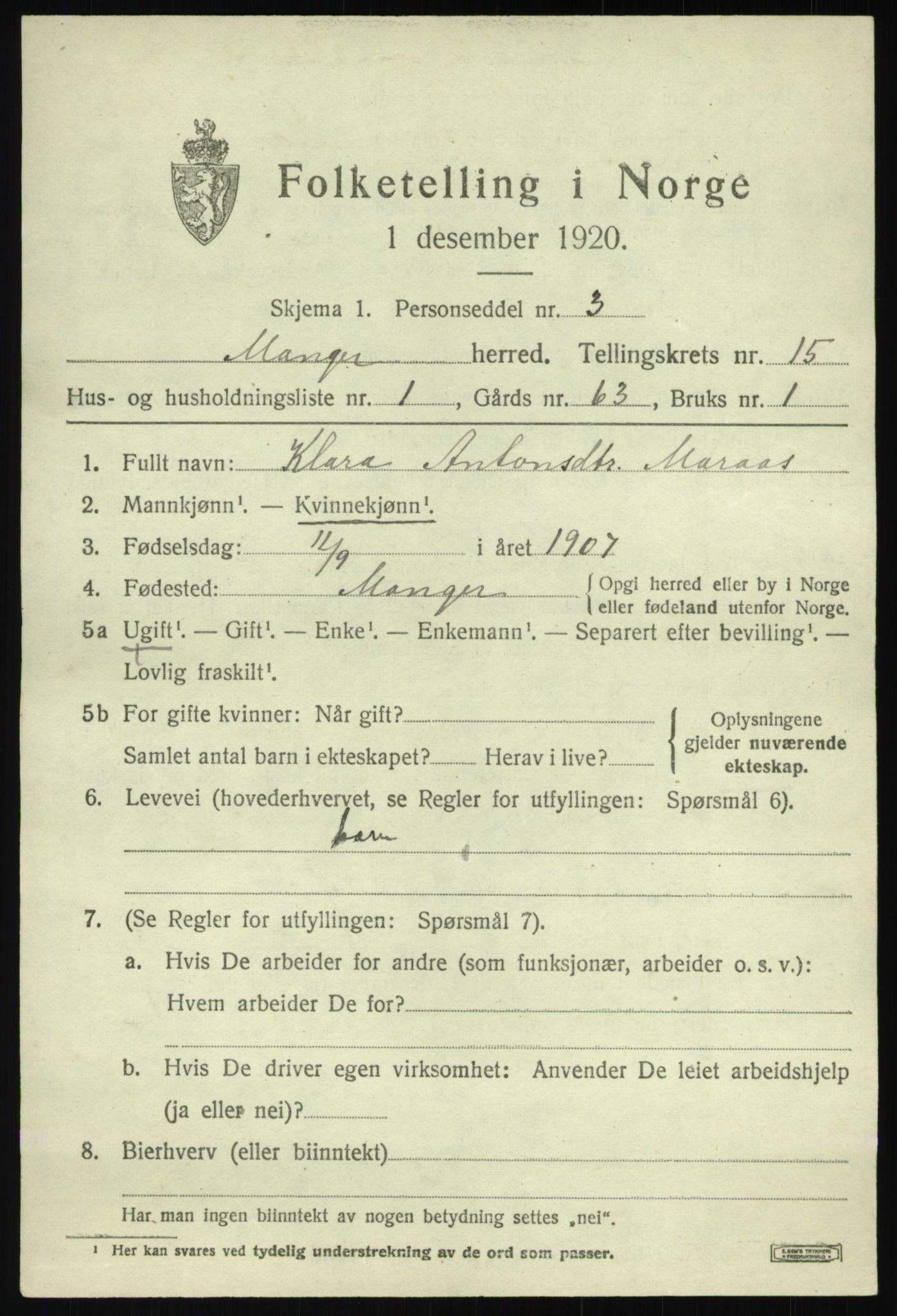 SAB, 1920 census for Manger, 1920, p. 8448