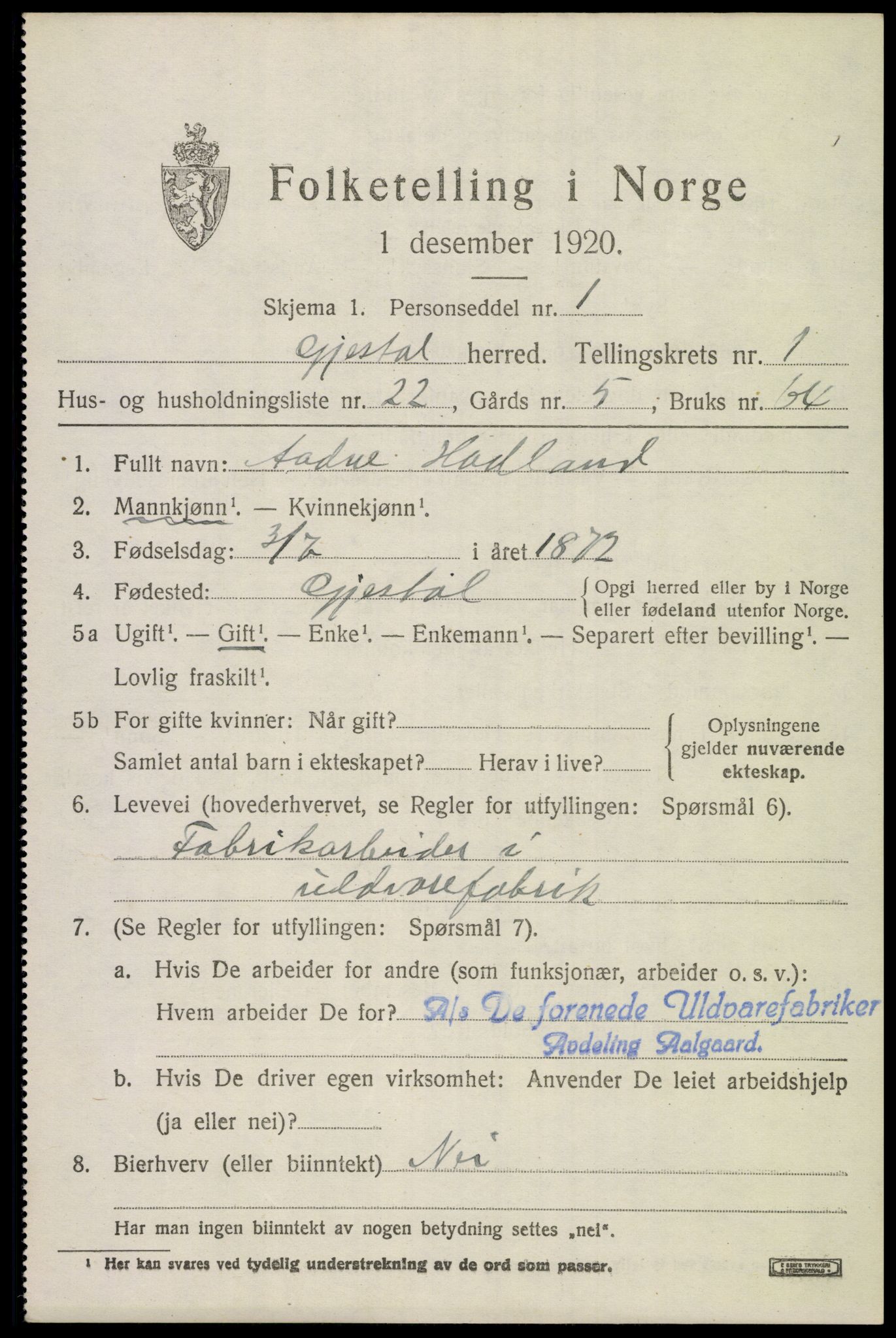 SAST, 1920 census for Gjesdal, 1920, p. 926