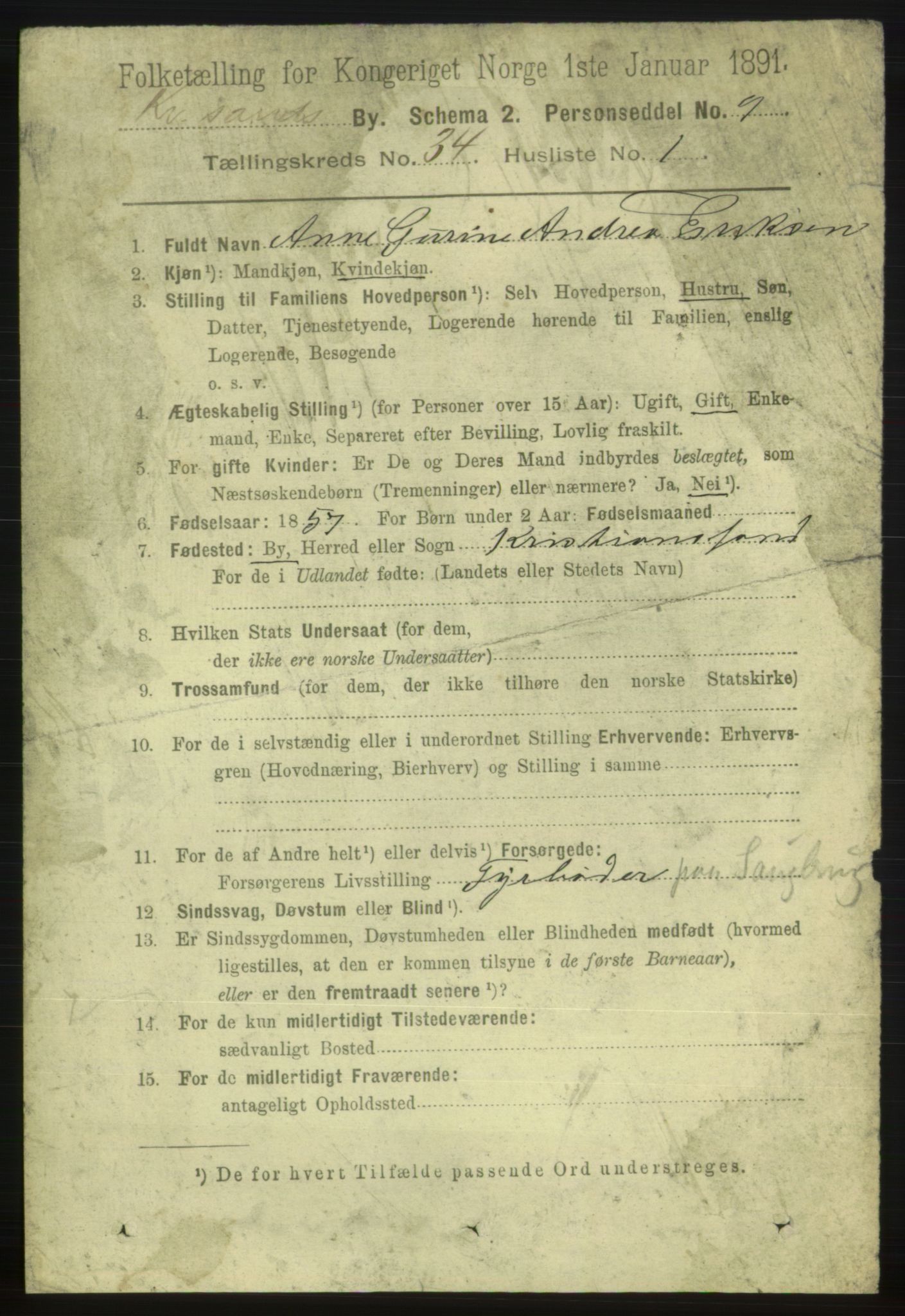 RA, 1891 census for 1001 Kristiansand, 1891, p. 10820