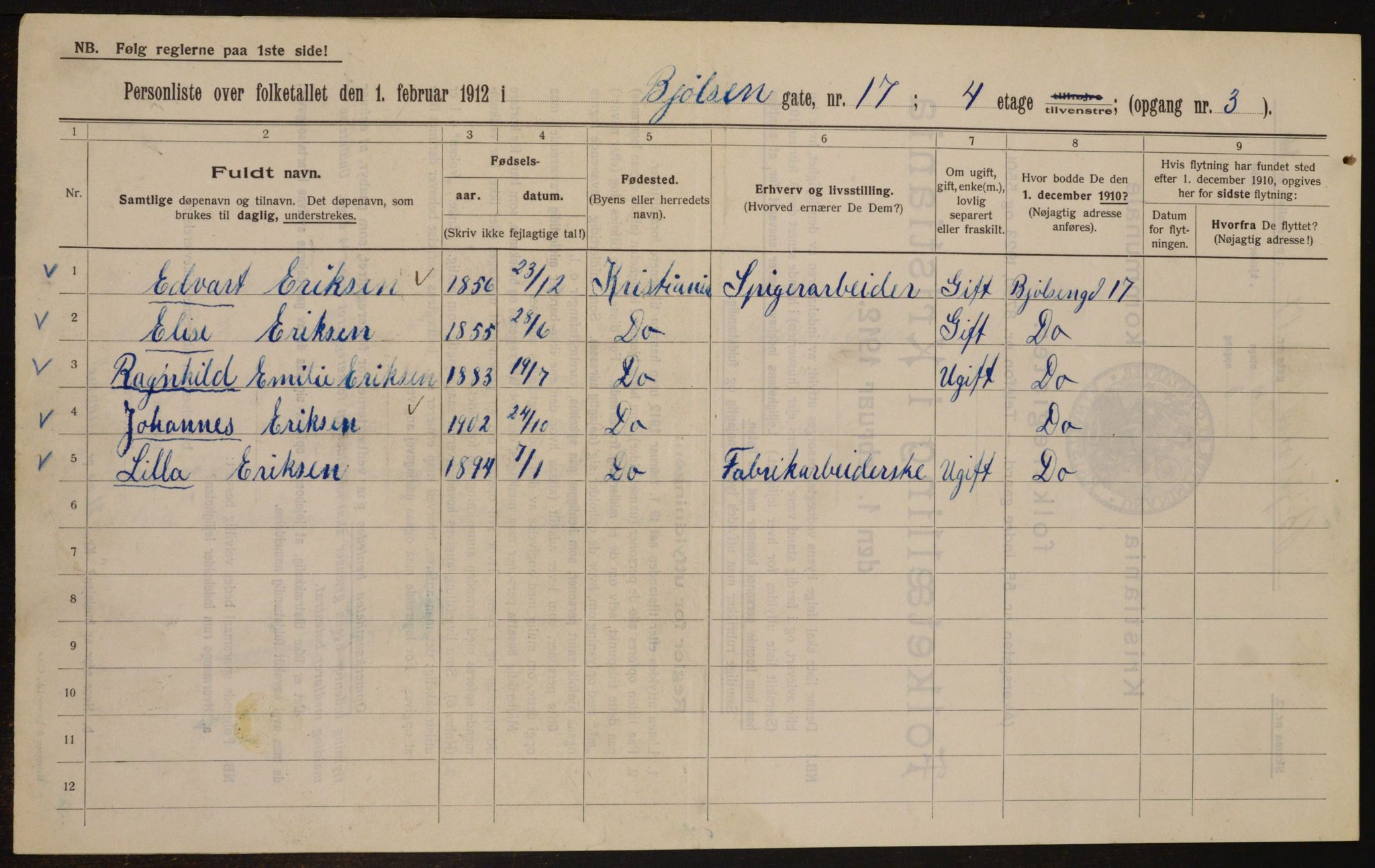 OBA, Municipal Census 1912 for Kristiania, 1912, p. 6433